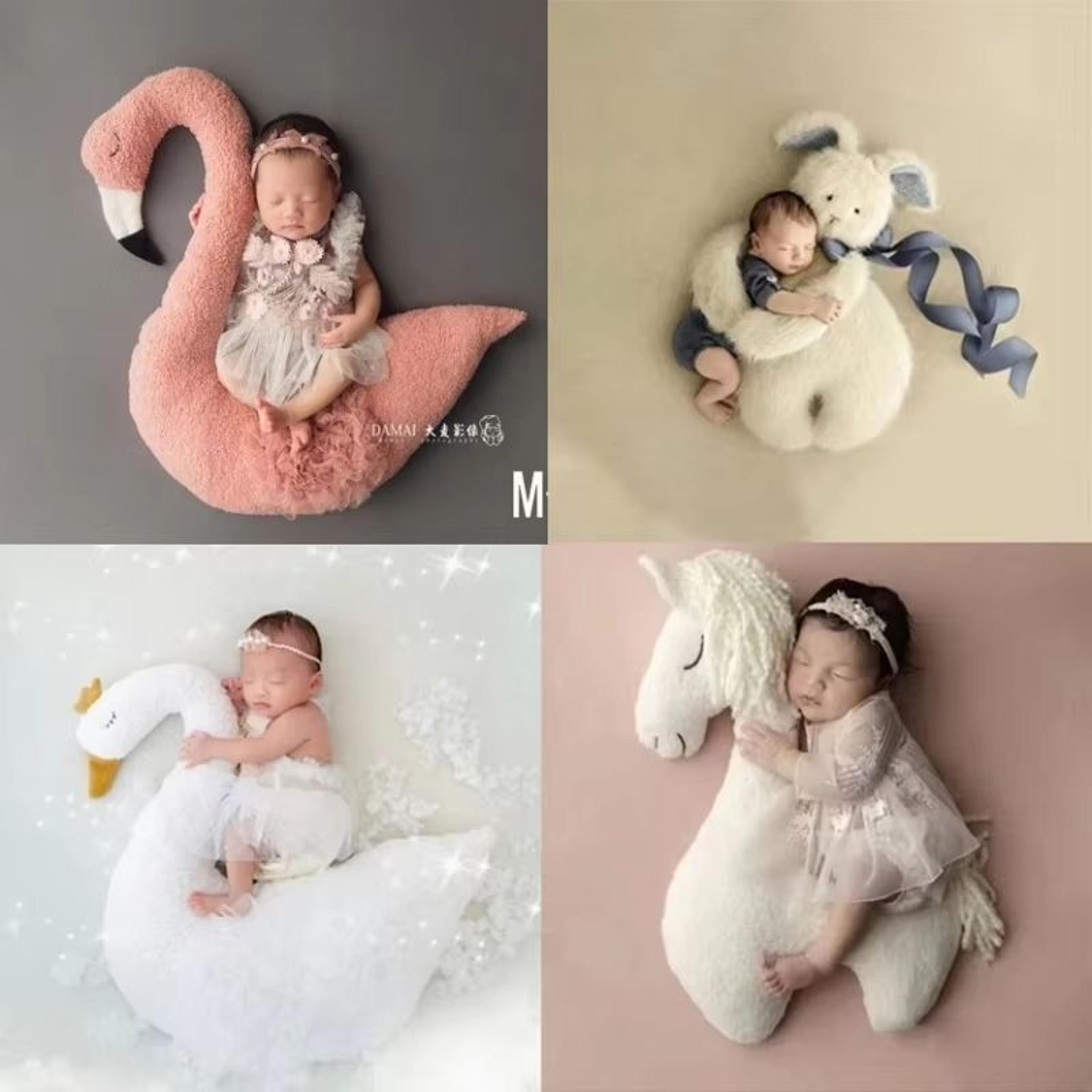 plush bunny newborn photography prop set with posing pillow and mat