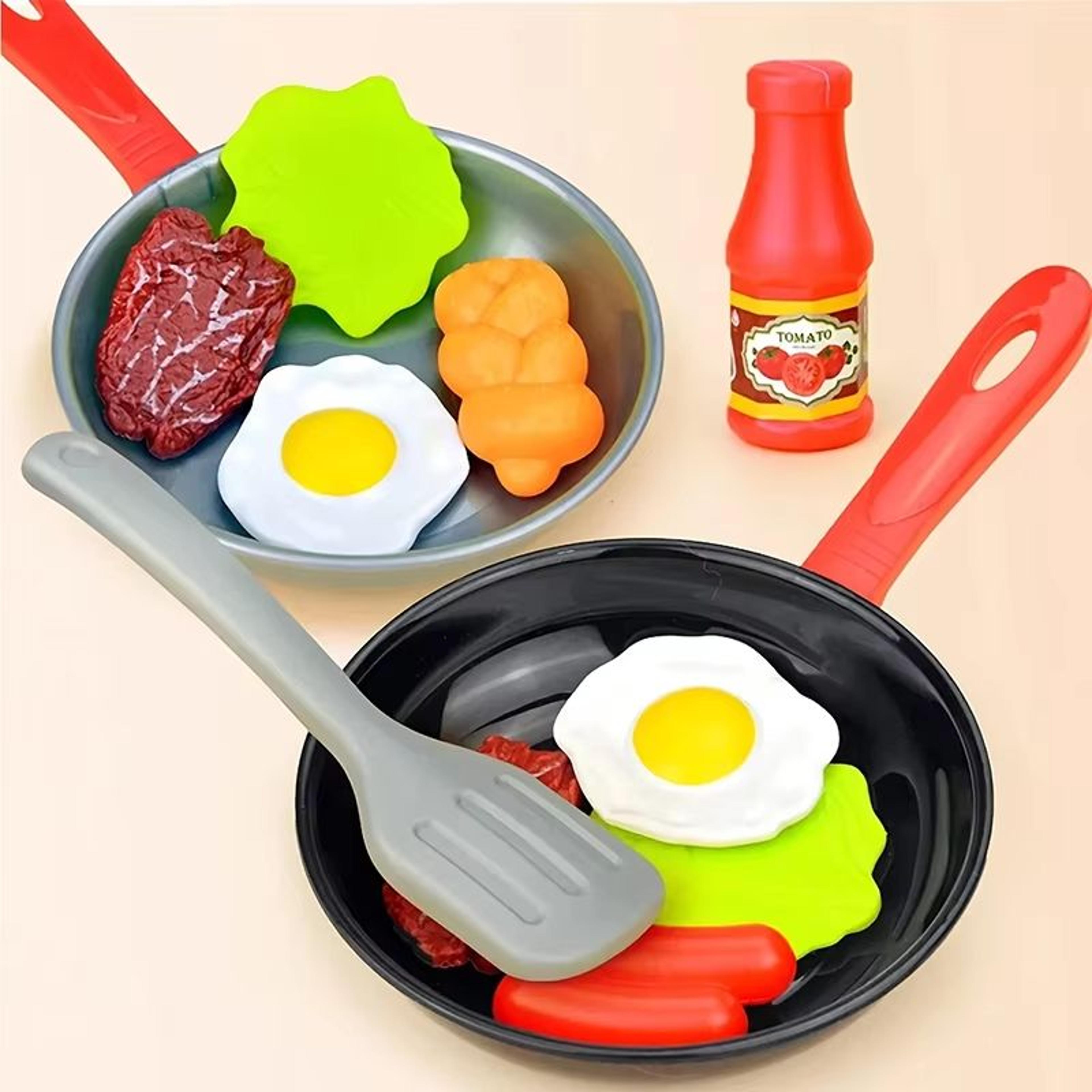 8-piece kids pretend play kitchen food & cookware set with pot, veggie, meat, bread, omelette and hot dog