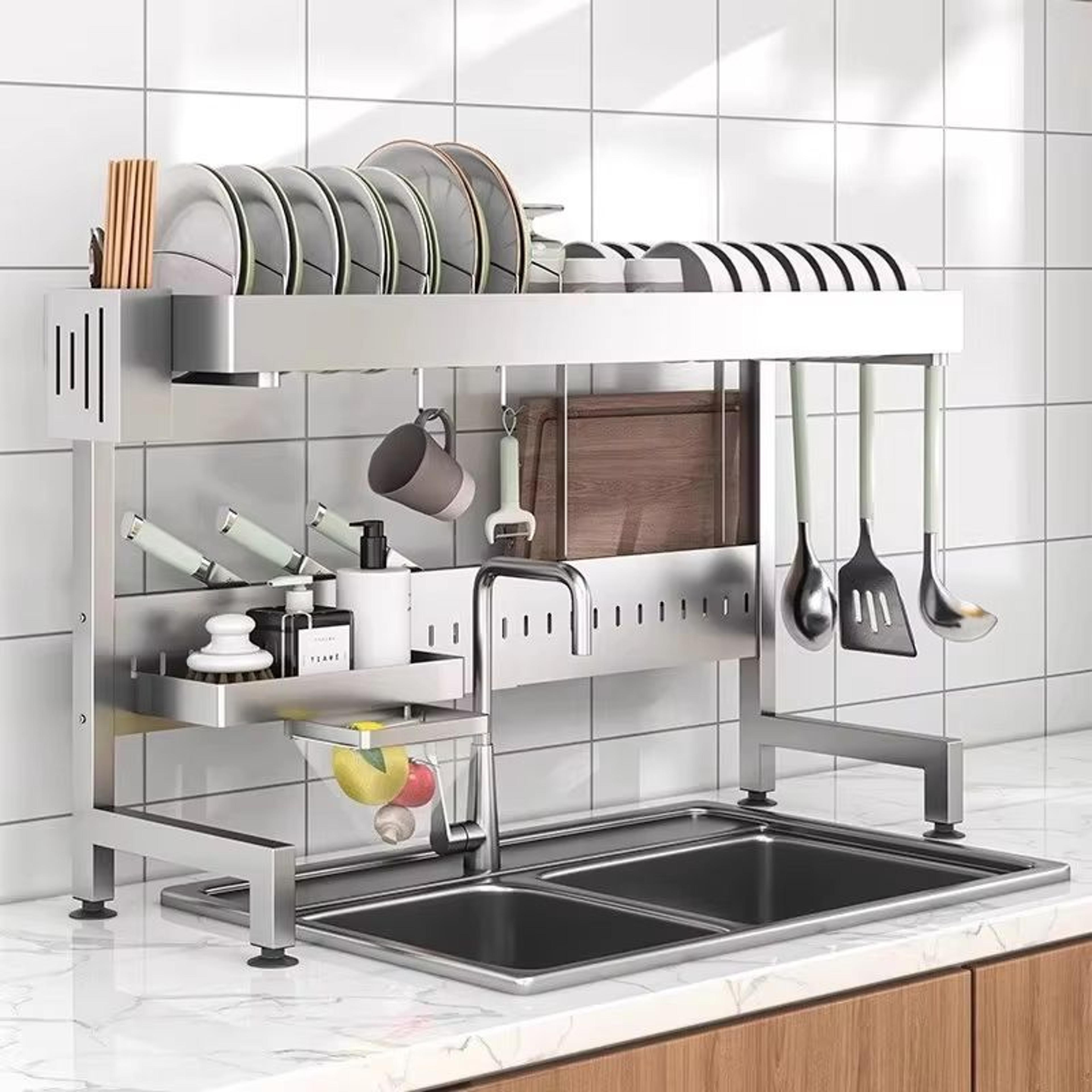 adjustable over-sink stainless steel dish drying rack