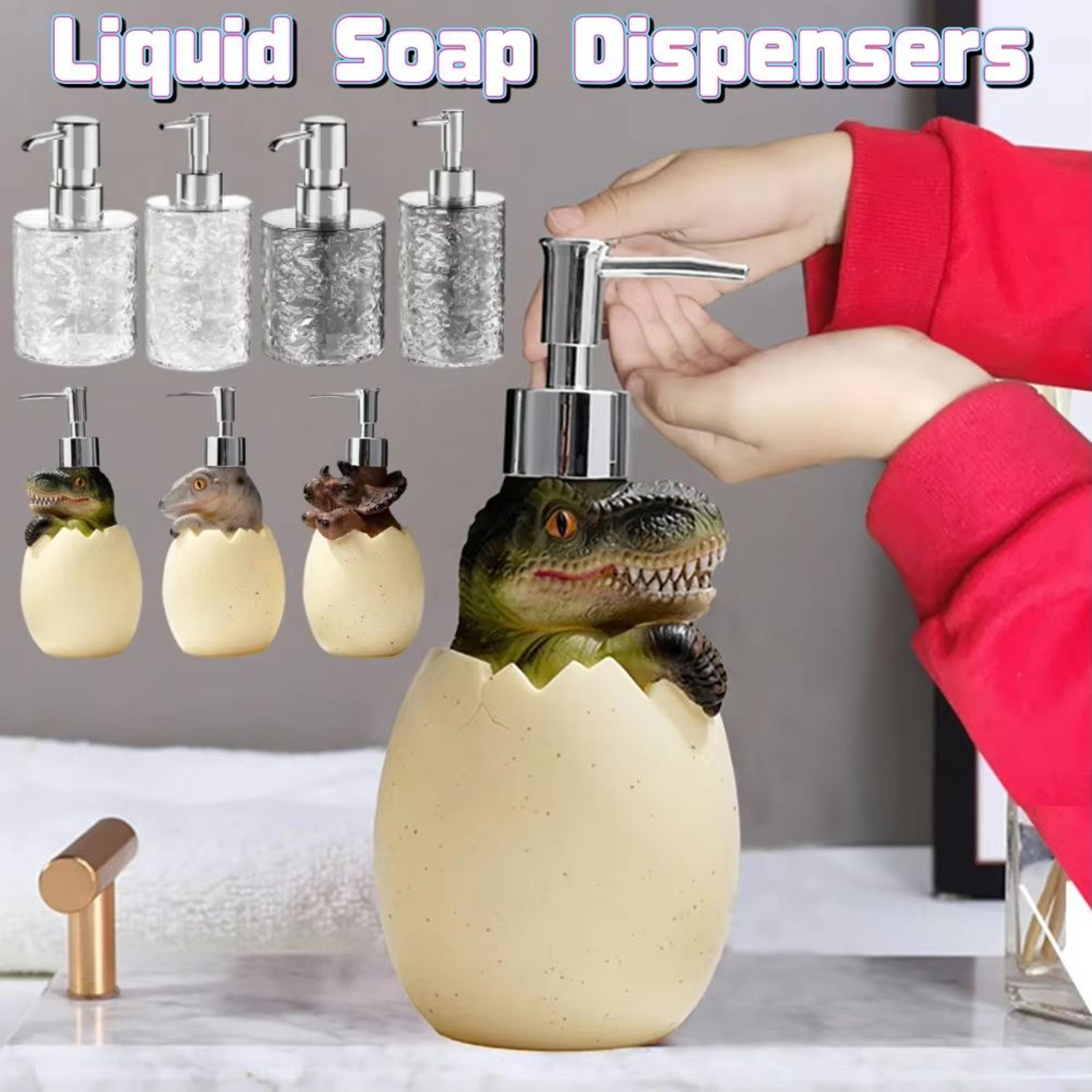 cute dinosaur reusable liquid soap dispenser with leak proof pump for bathroom and vanity use