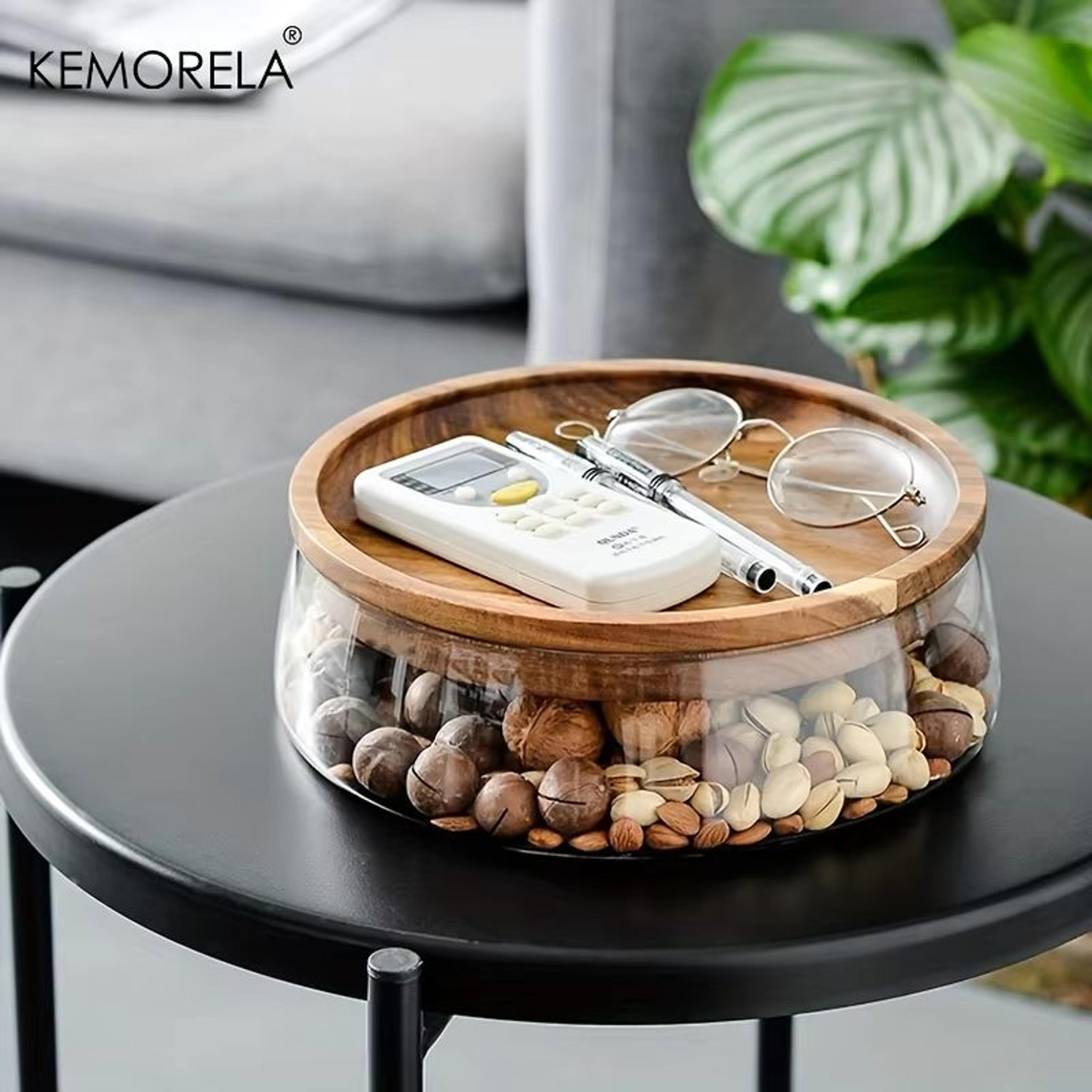 double layer glass bowl with wooden tray and lid for kitchen storage