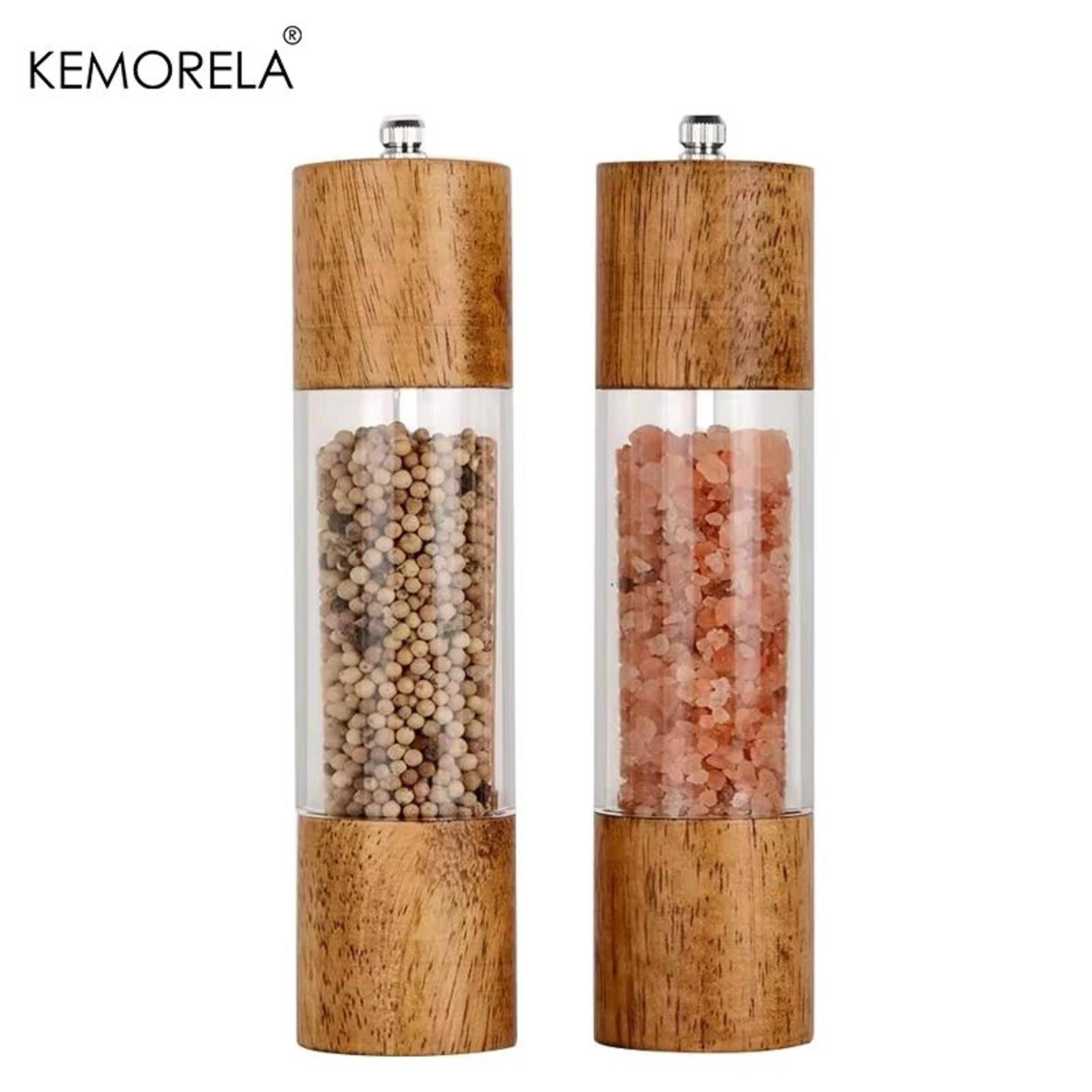 kemorela premium acrylic salt and pepper grinder set with adjustable wooden shakers