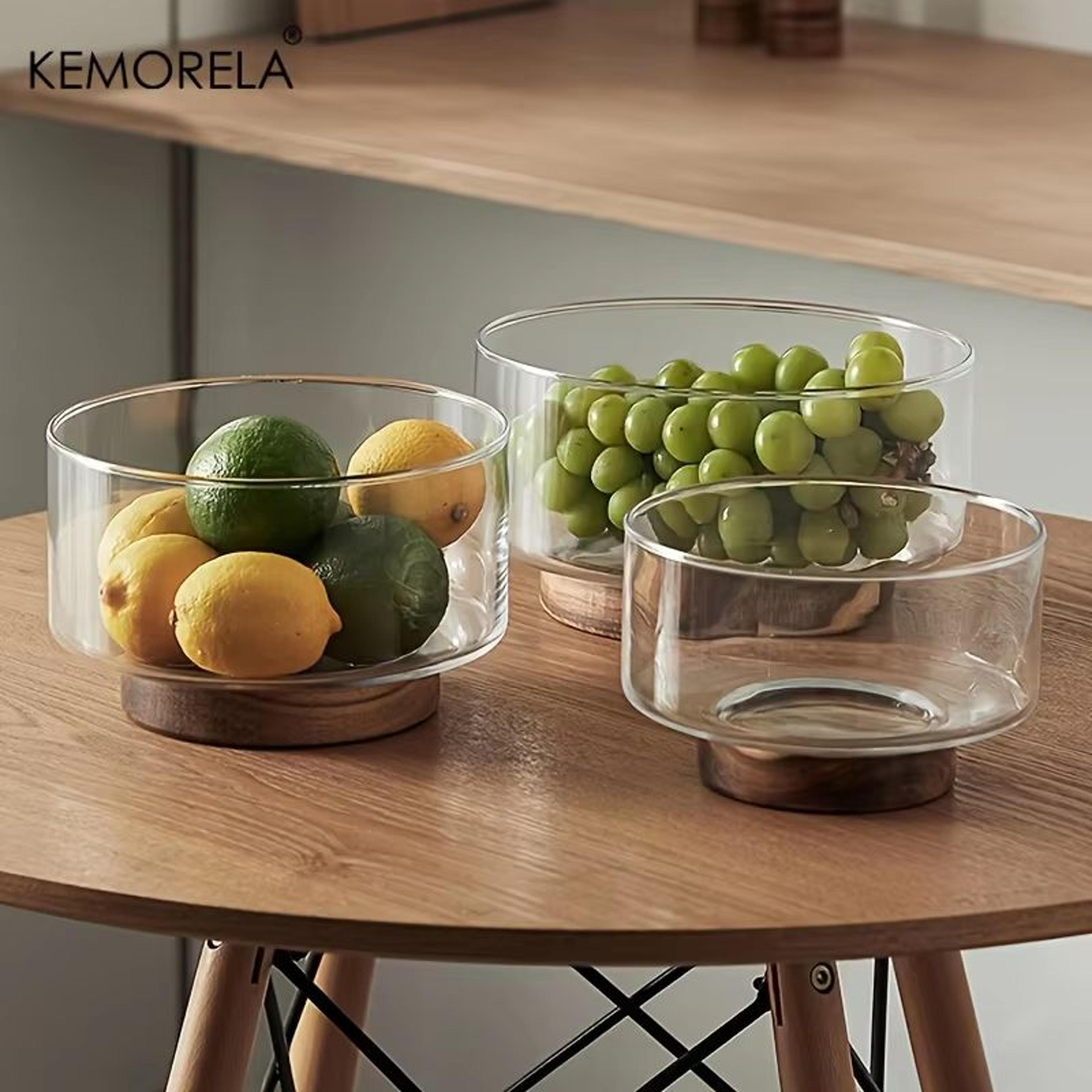 large clear glass bowl with wooden base – fruit, salad, snack and popcorn serving bowl