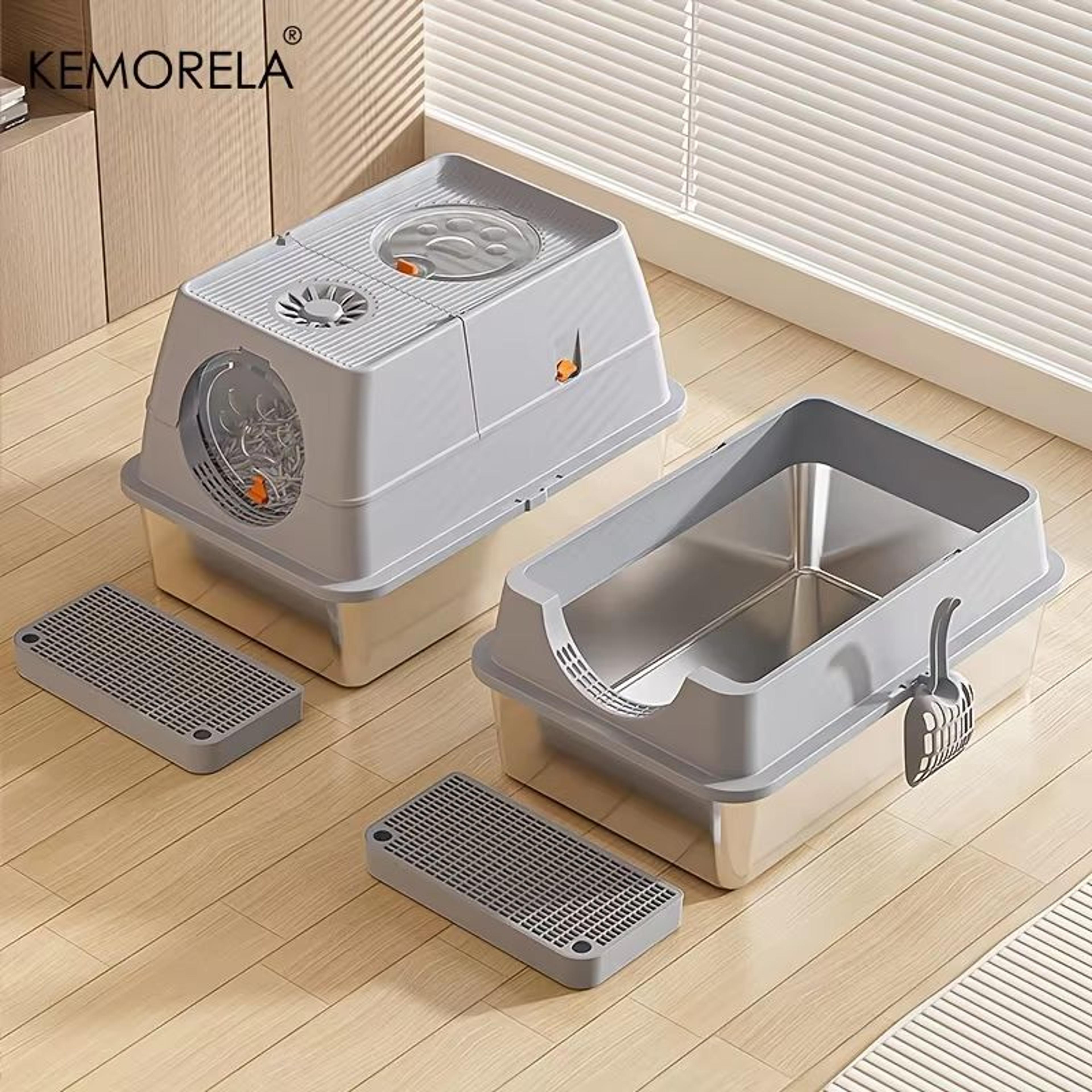 kemorela extra large stainless steel litter box with lid, high-sided enclosure and scoop