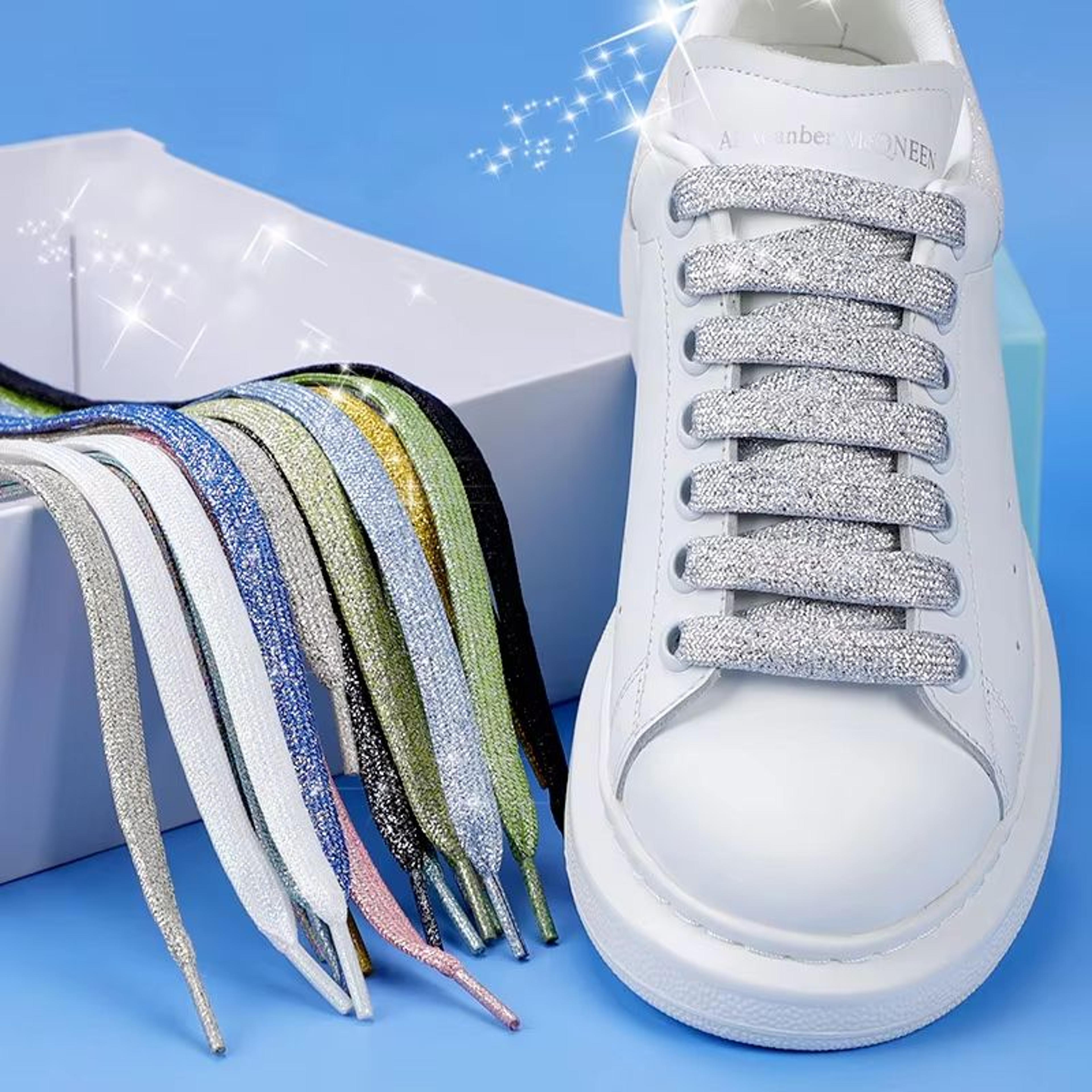 glitter shoelaces shiny flat shoe laces in gold and silver 0.39in width for sneakers and boots