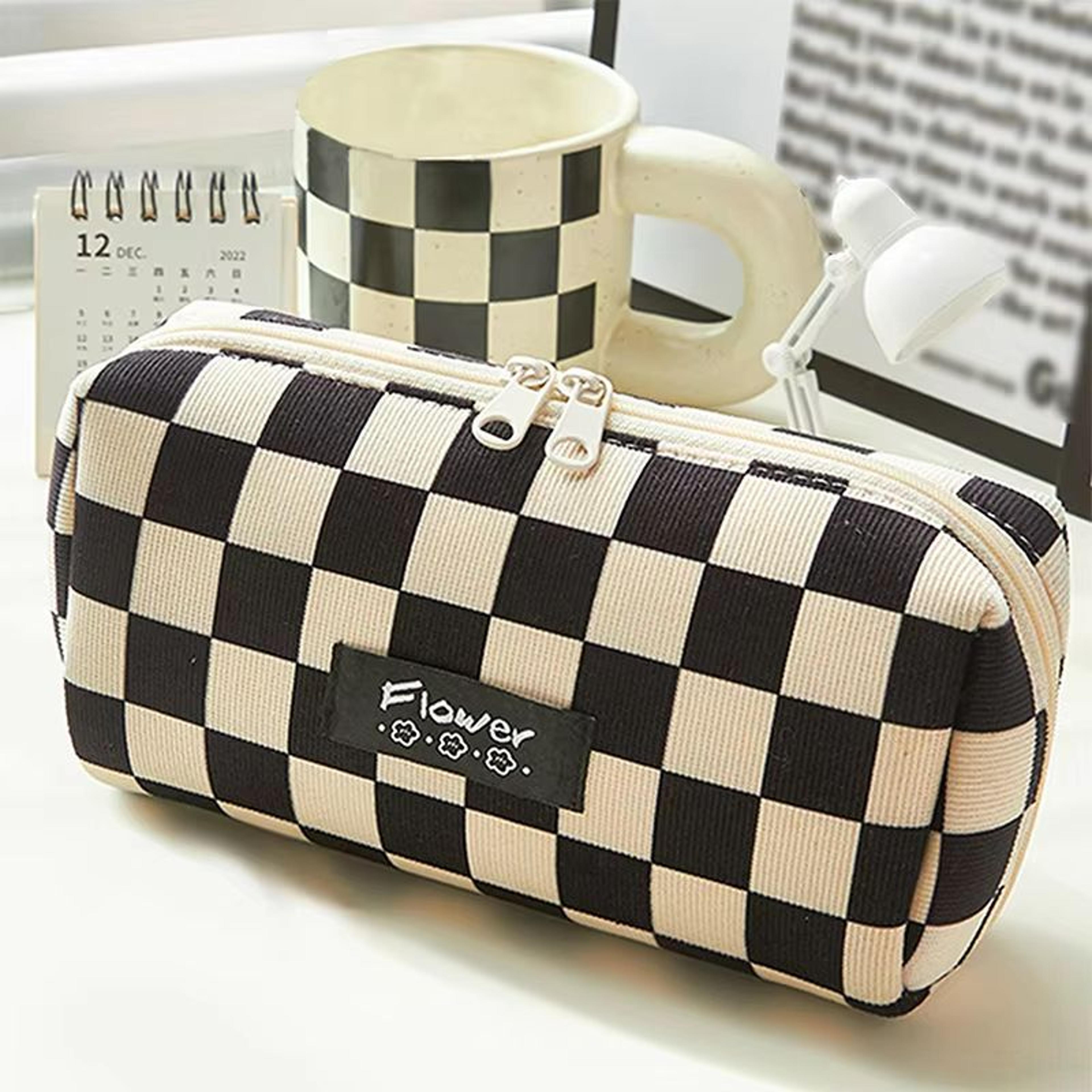 checkerboard large capacity pencil case, fashion student stationery bag with zipper storage