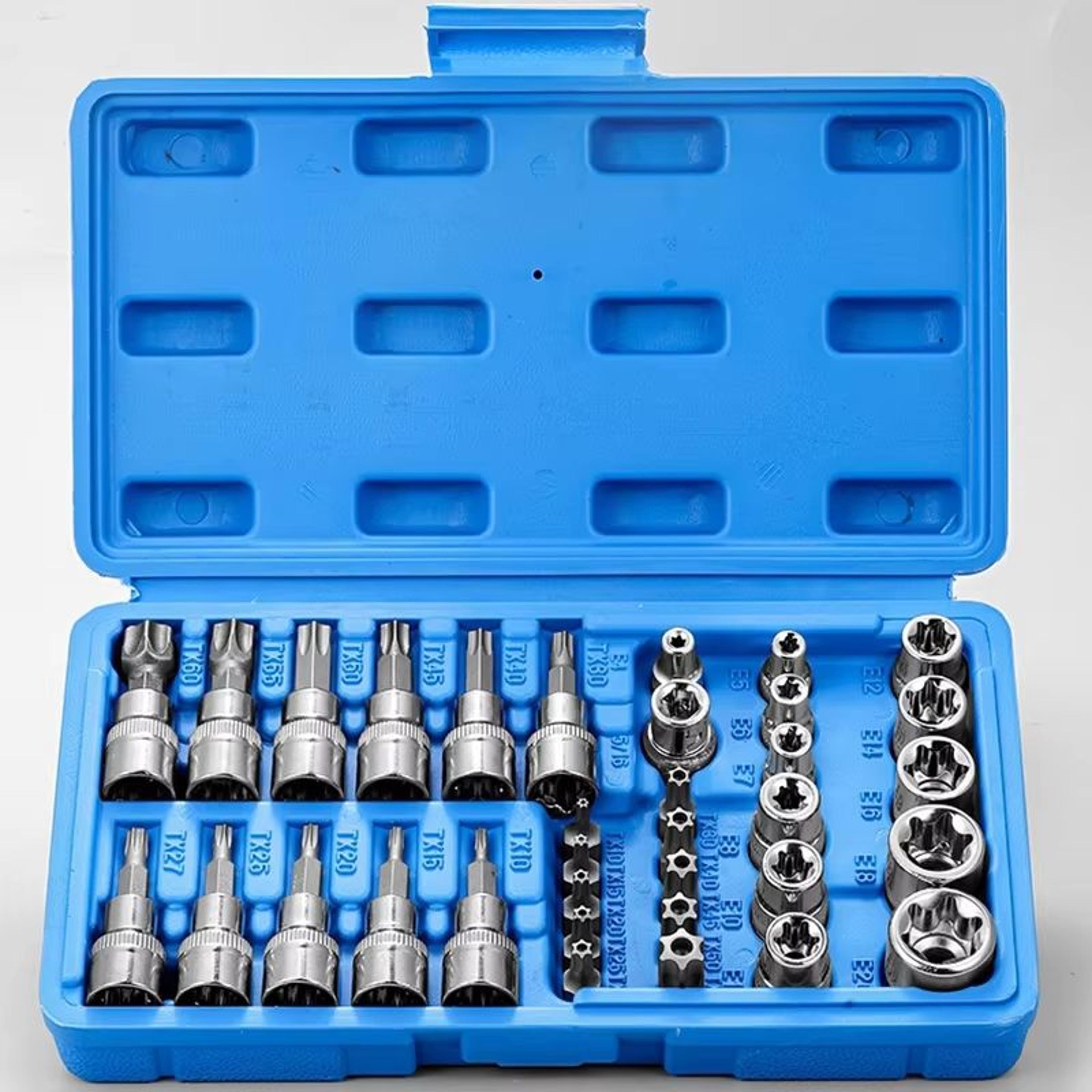 professional 34-piece torx and e-torx bit socket set with case (1/4", 3/8", 1/2" drive)