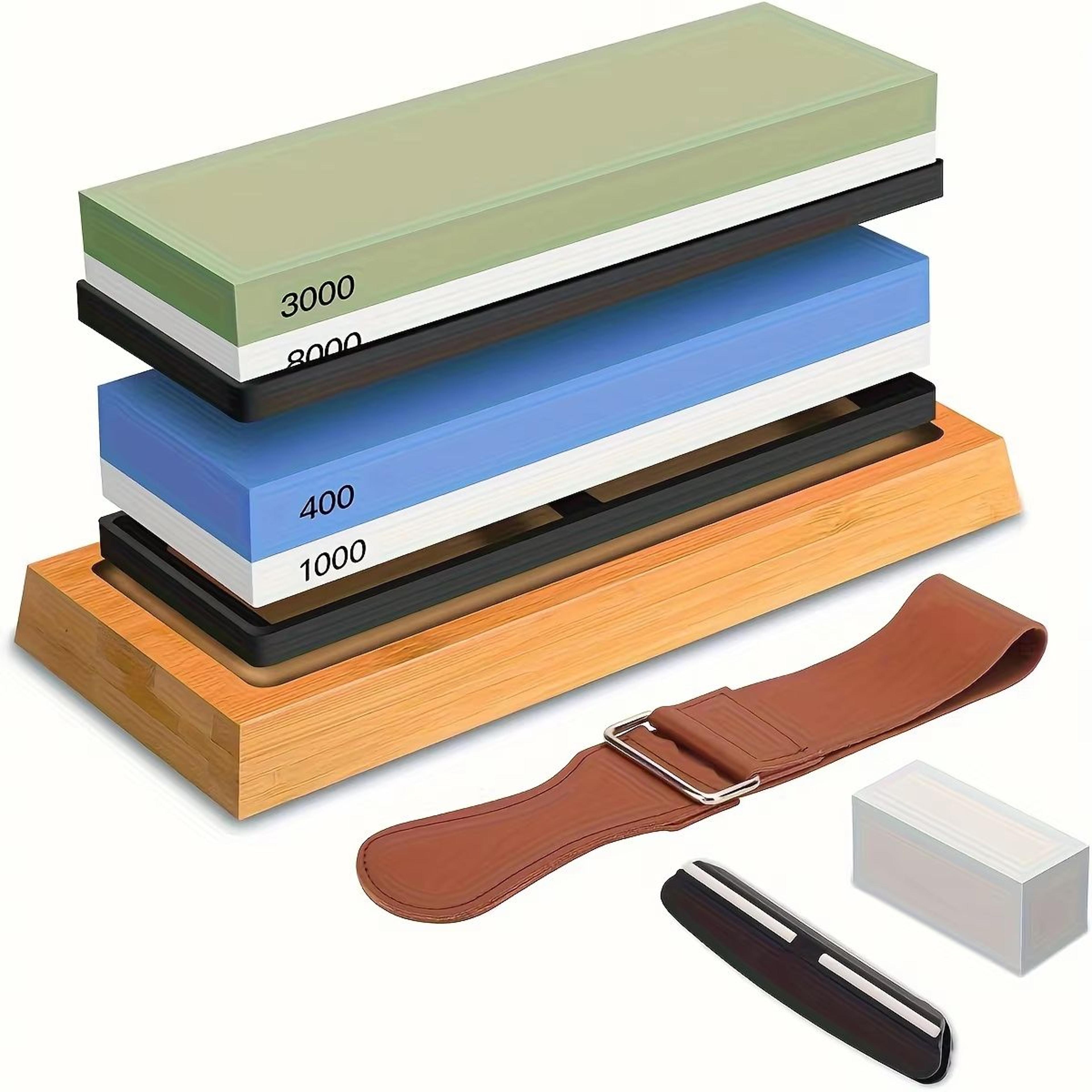 premium knife sharpening stone set with bamboo base, 4-side grit 400/1000/3000/8000