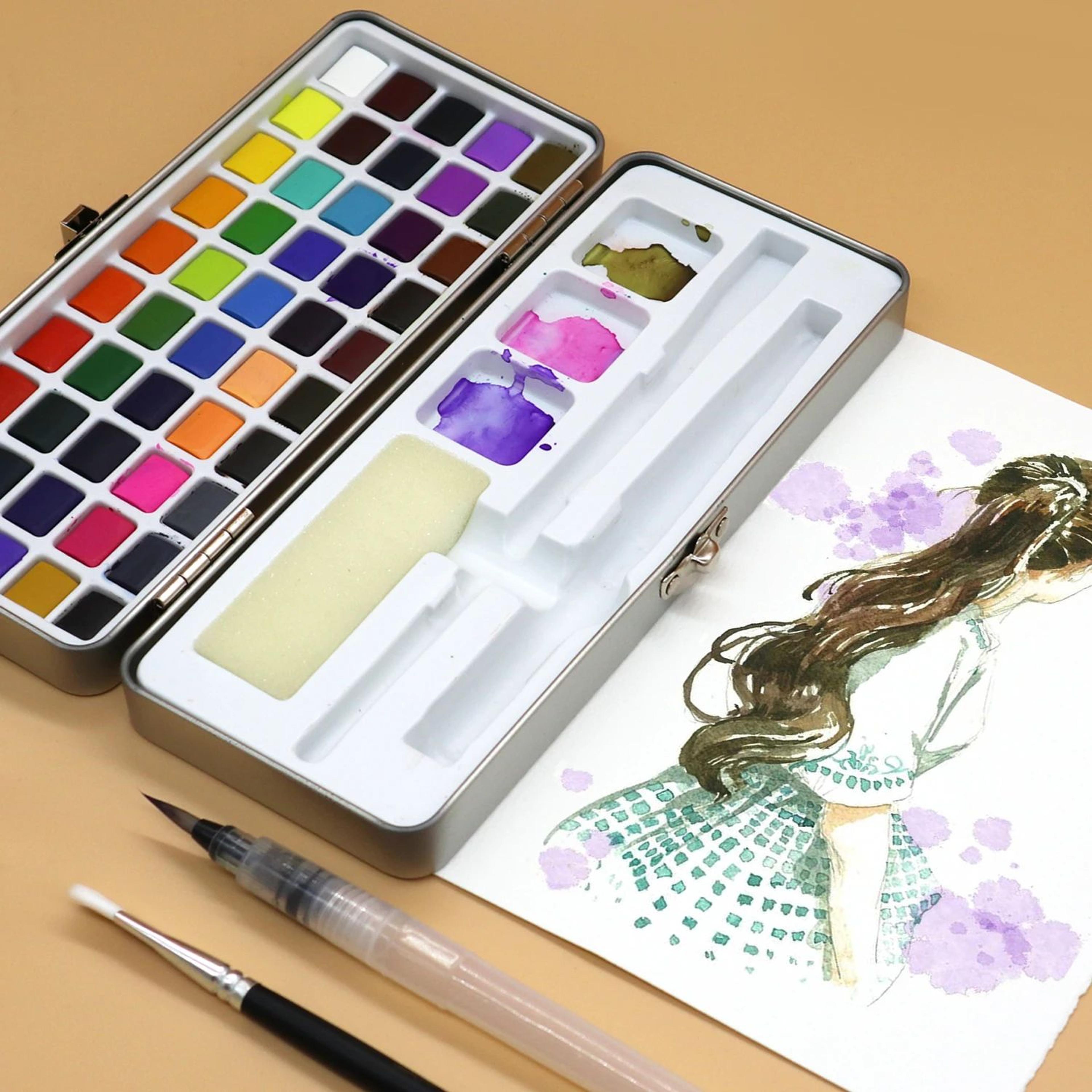 professional 50 color watercolor paint set with brush for artists and beginners