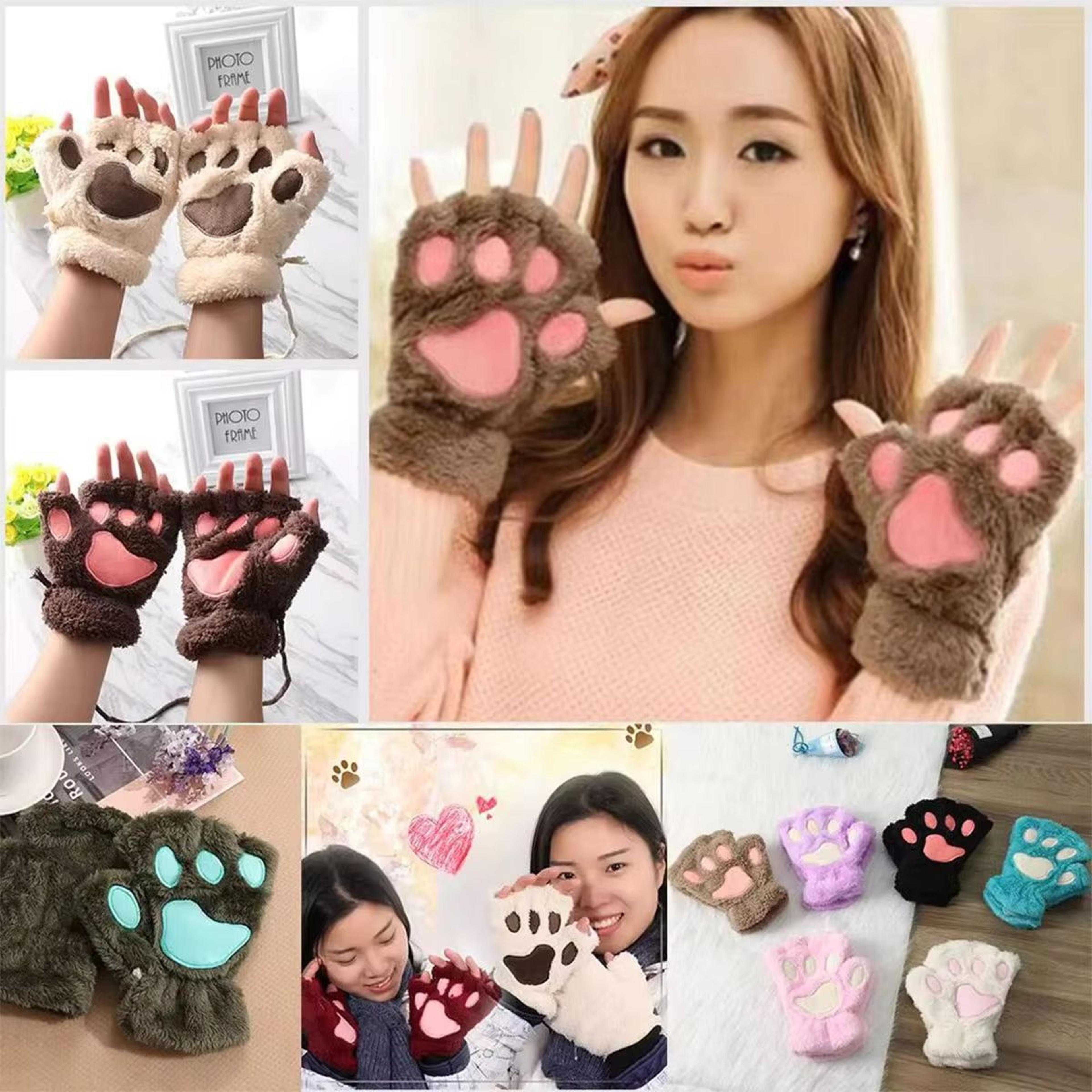 cute cat claw winter half finger gloves – thick fluffy bear paw plush fingerless mittens for women and girls