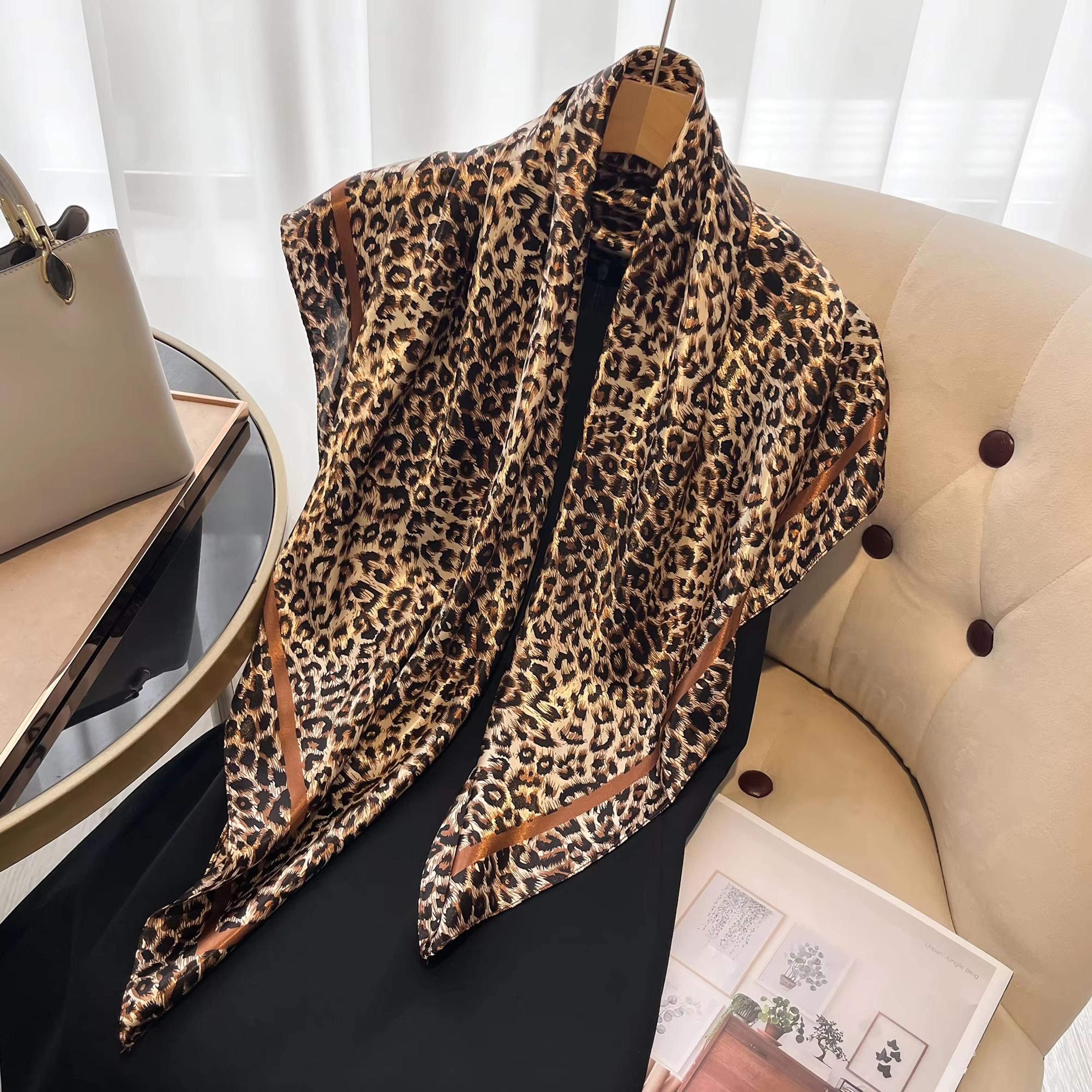luxury leopard print satin square scarf & headband set – 27.56x27.56in fashion hair band, neckerchief & wrist bandana fo
