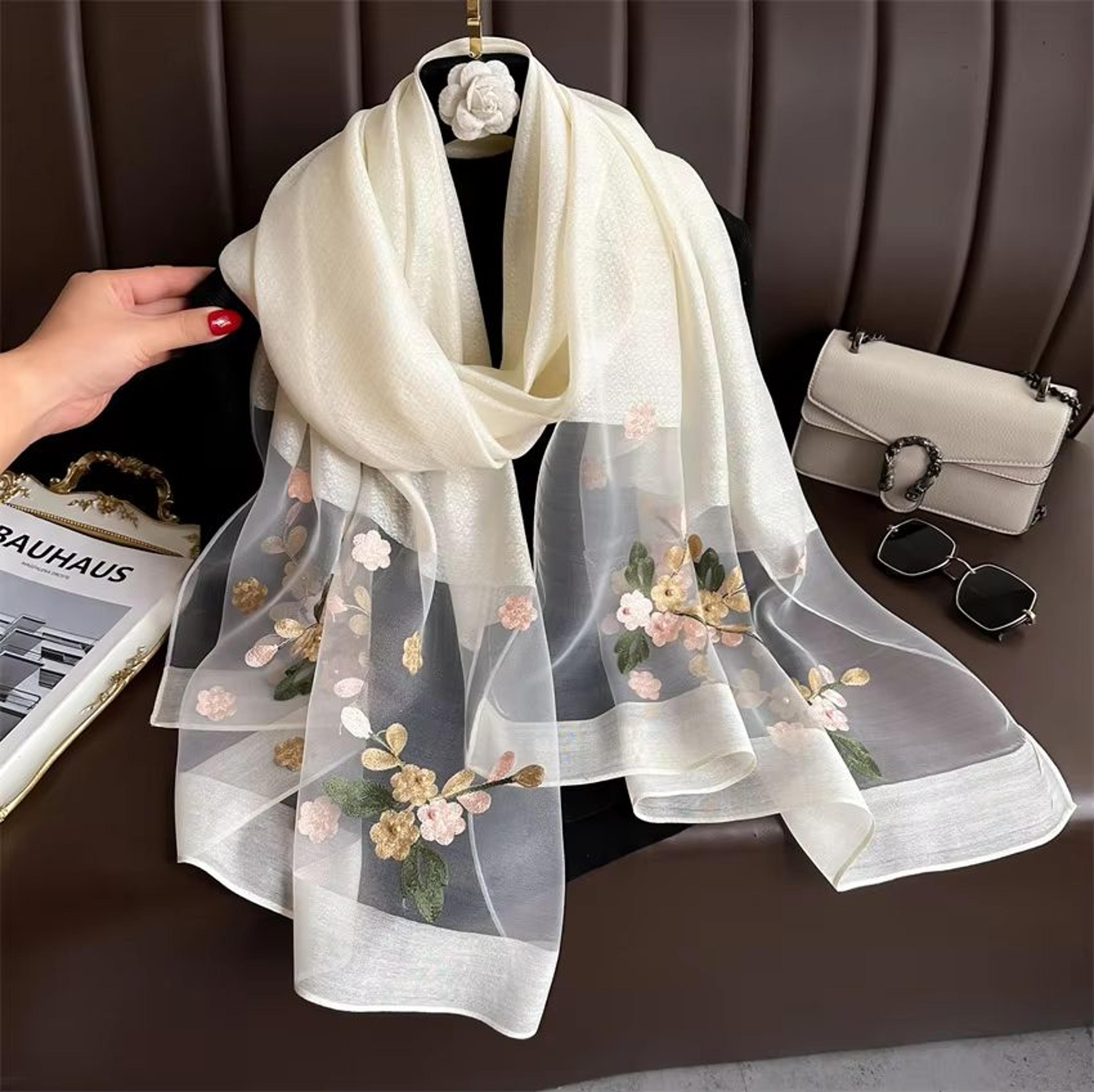 luxury shiny lace hijab scarf with floral embroidery lightweight silk feel shawl wrap for women