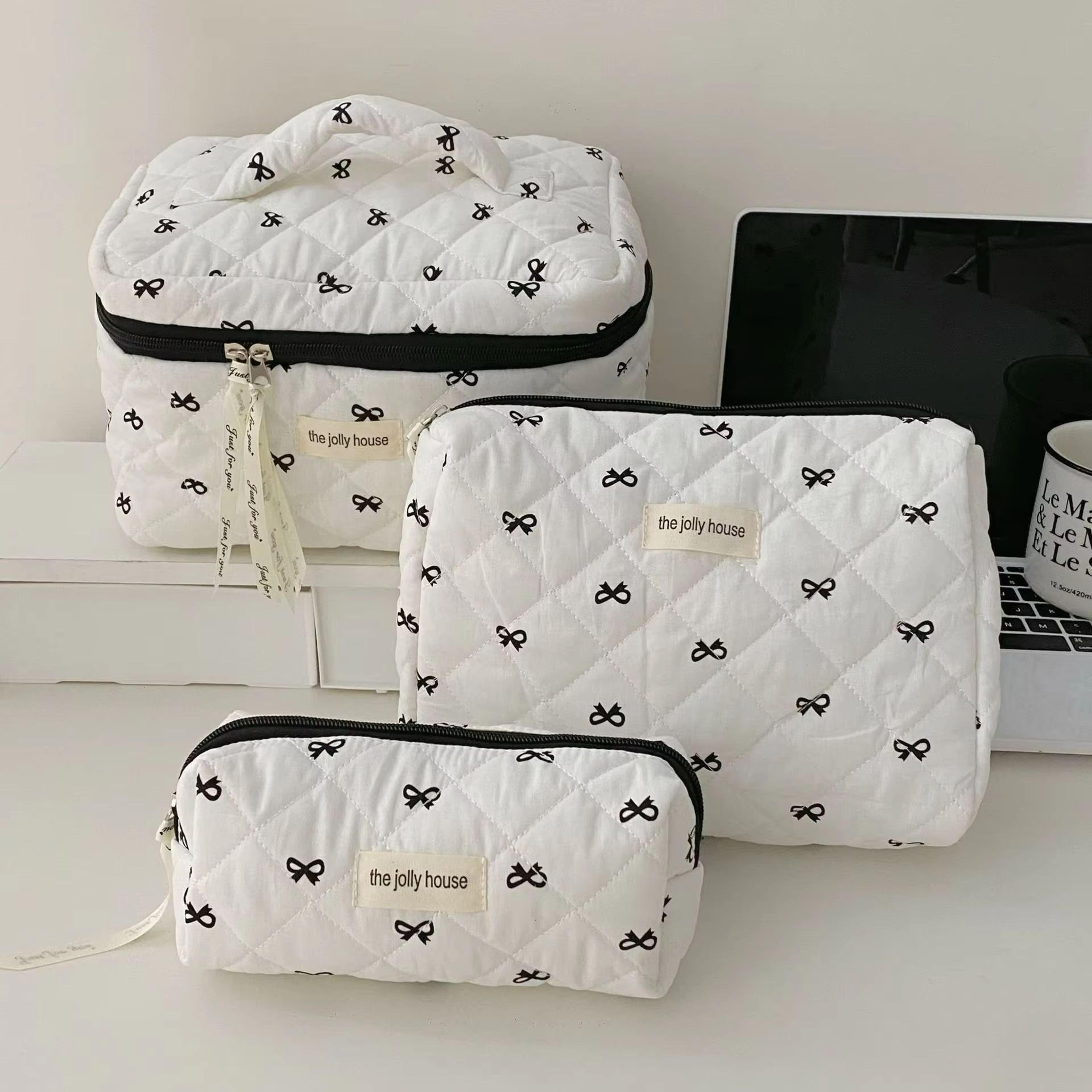 fashion cherry quilted cotton makeup bag portable cosmetic tote for women