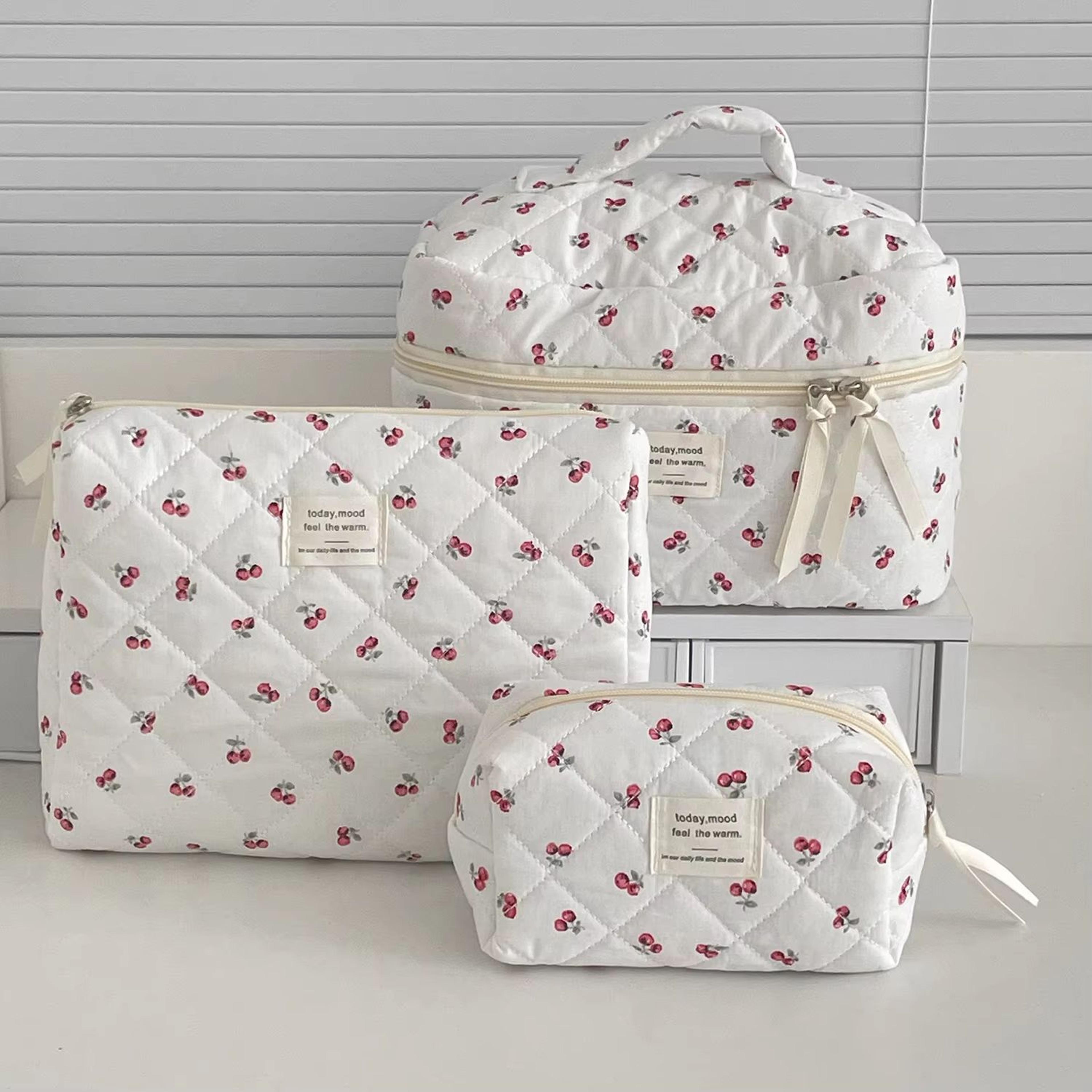 cherry quilted makeup bag portable cosmetic travel pouch