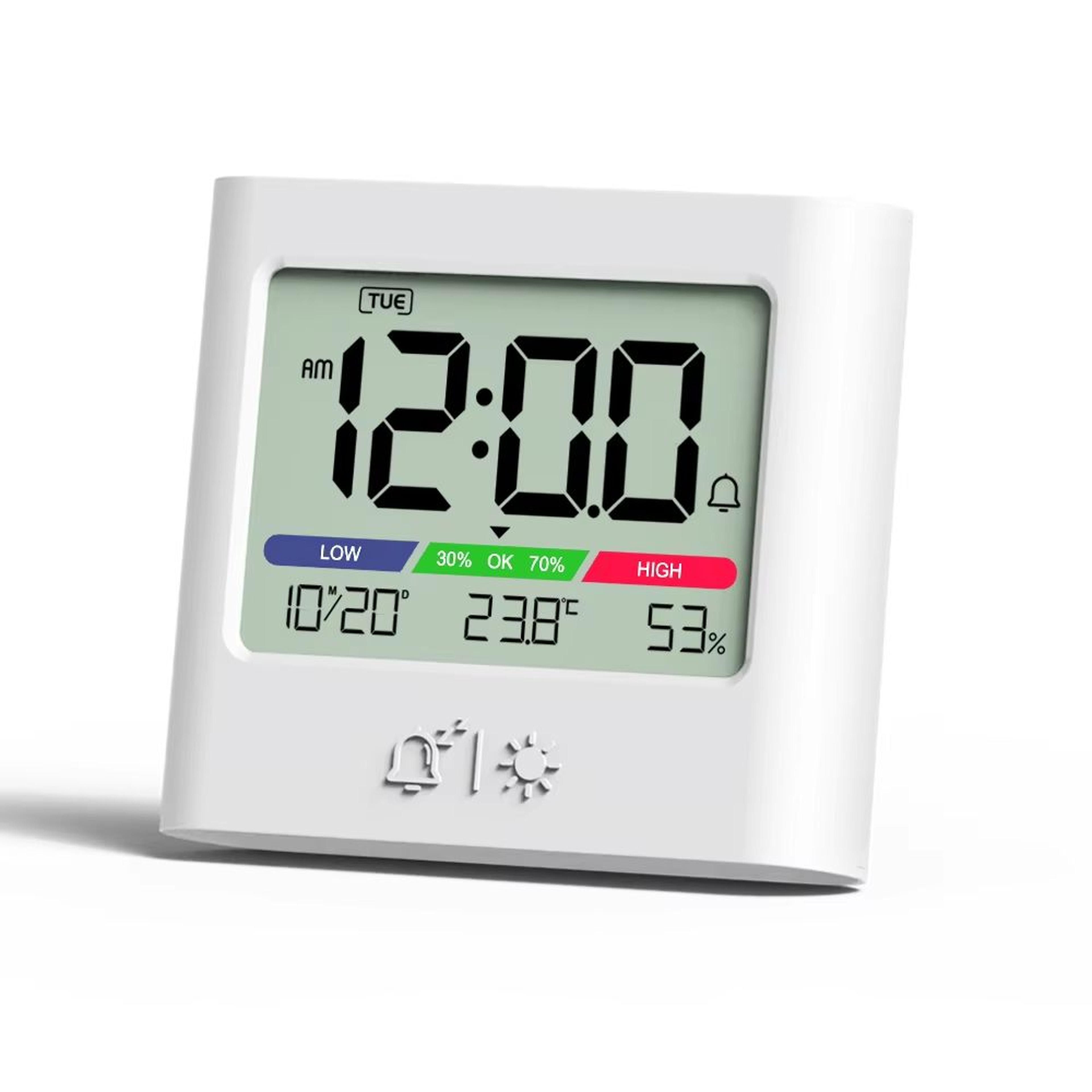 digital alarm clock with thermometer, hygrometer, backlight, date and week display