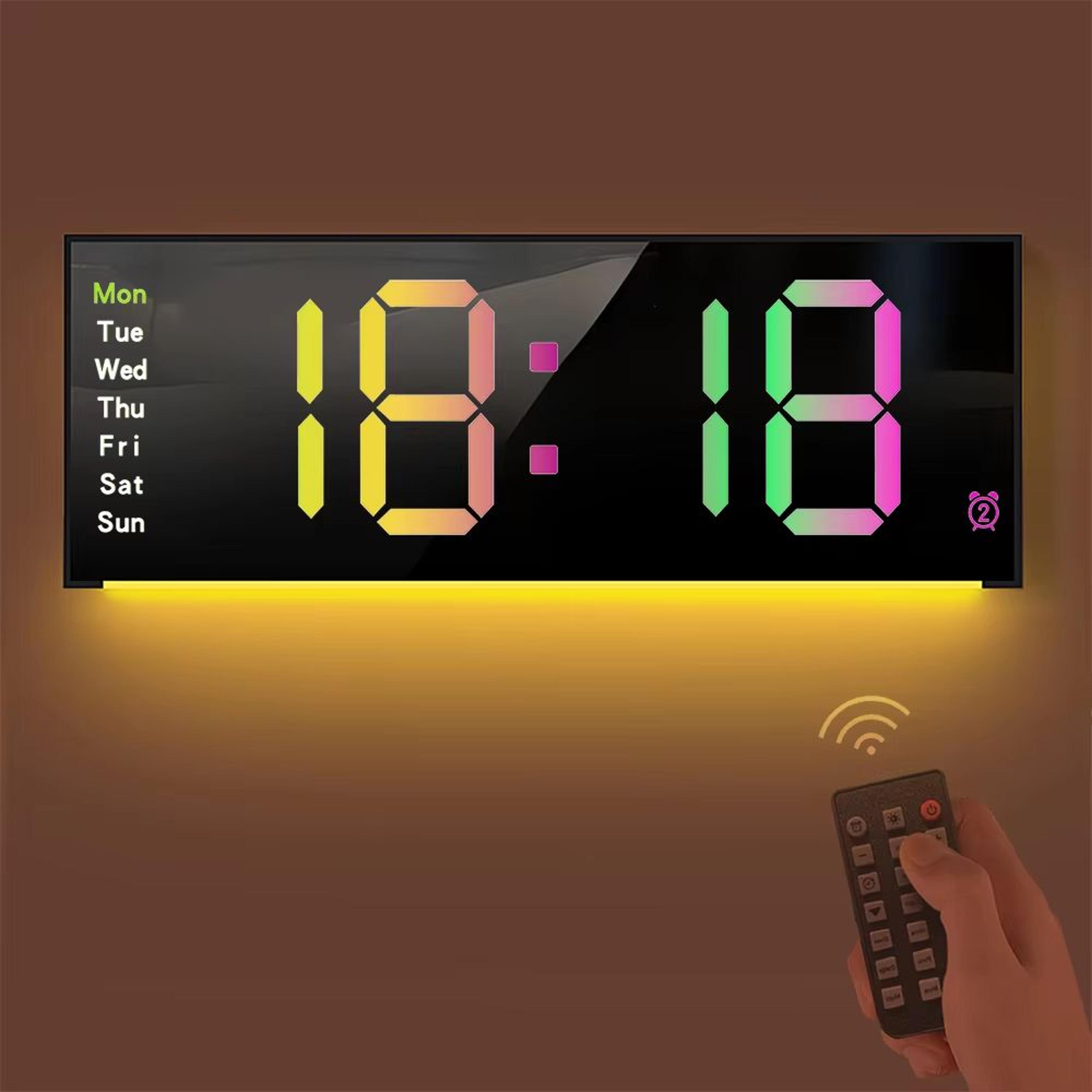 led wall clock and digital alarm clock with remote control, night light and mood lighting for home, office or classroom