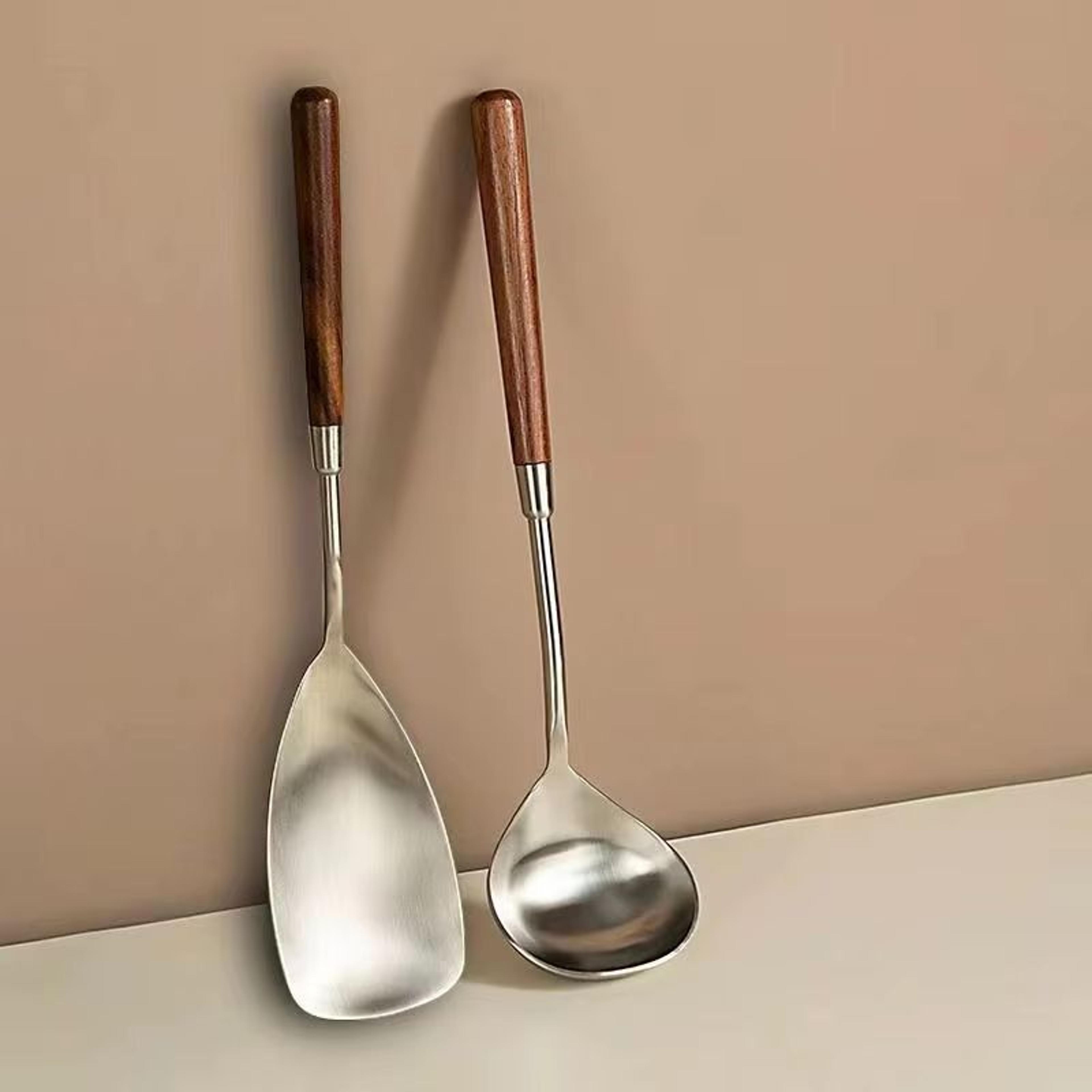 stainless steel soup ladle with wooden long handle hot pot and porridge serving scoop