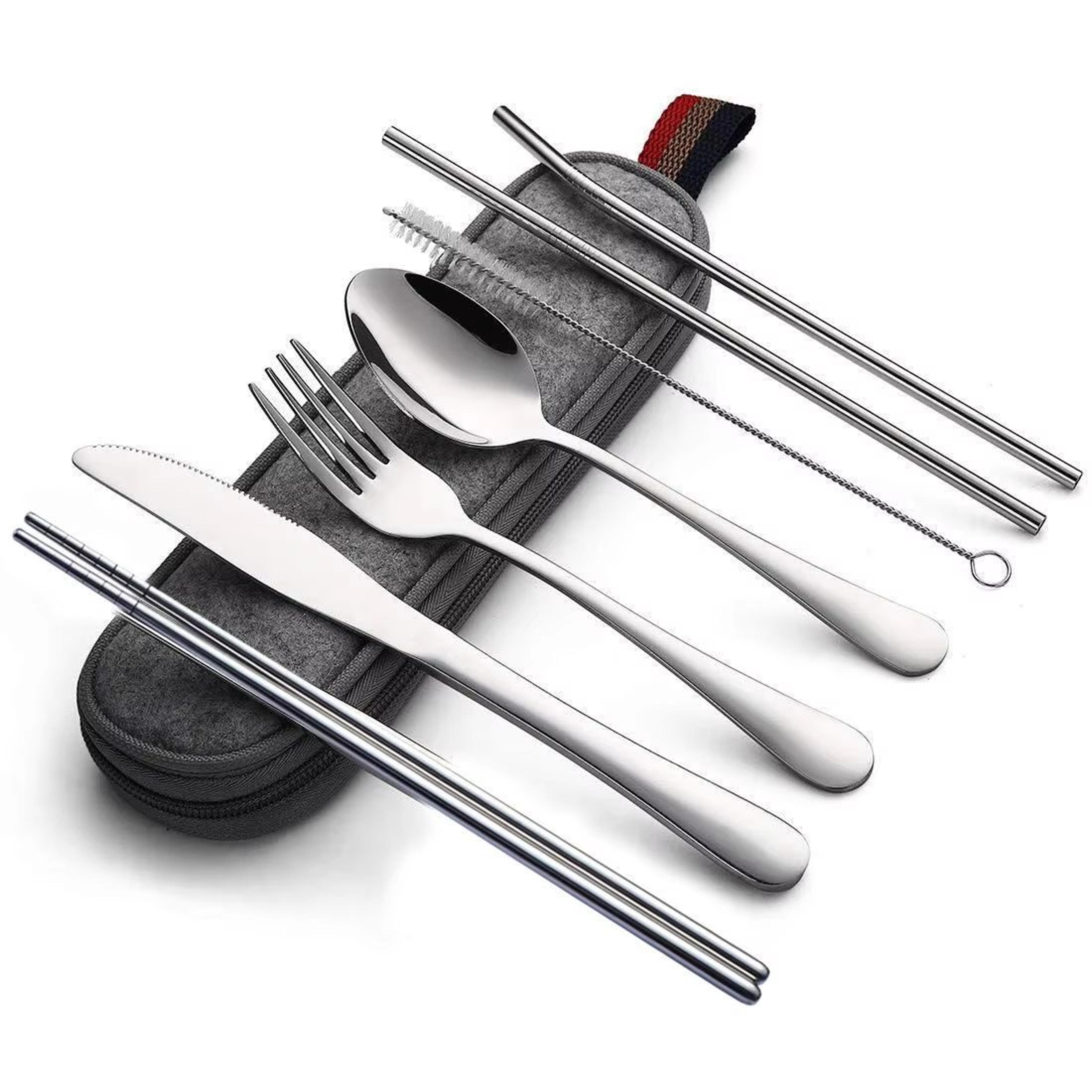 stainless steel travel cutlery set in case reusable portable camp utensil set for picnic work and travel