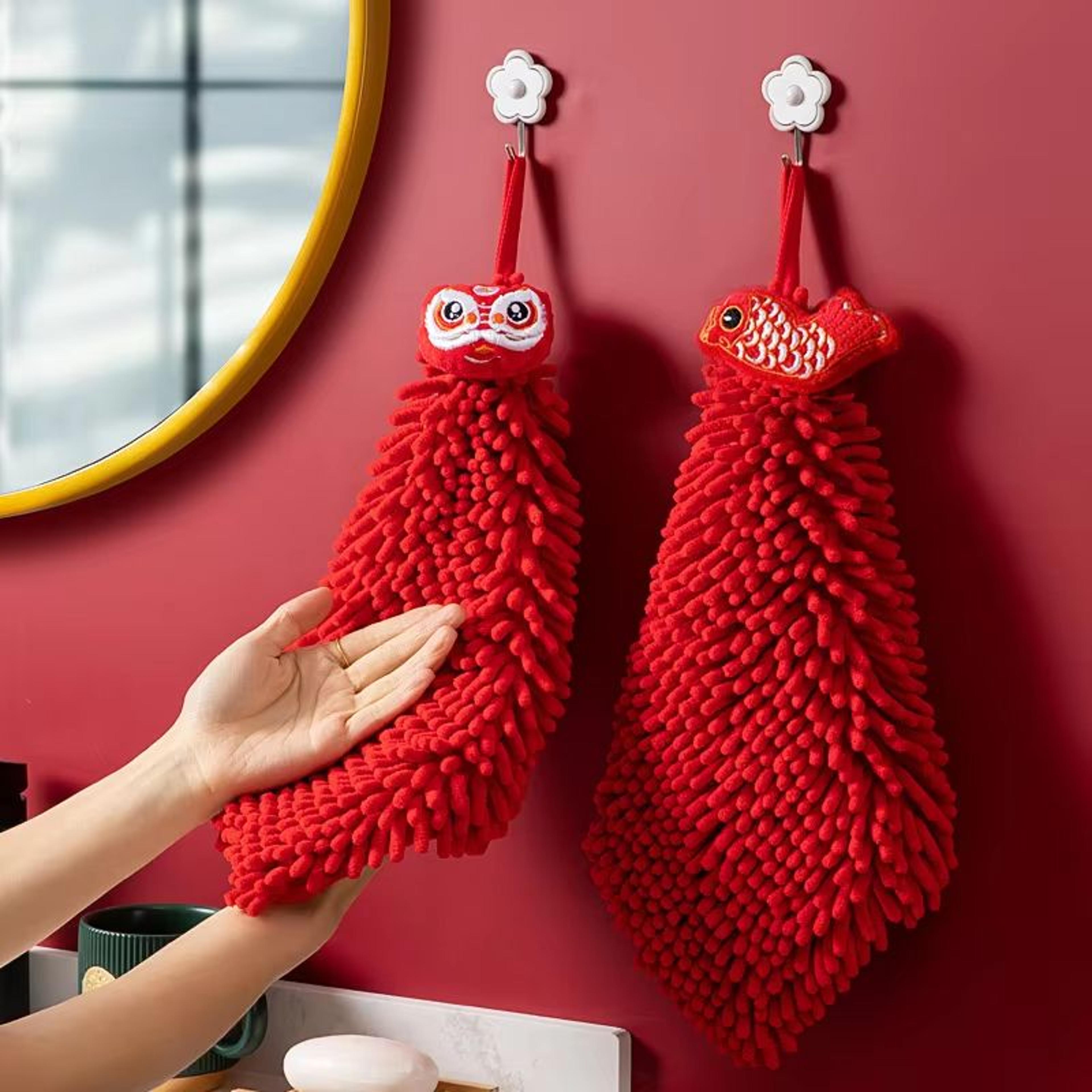3pcs cartoon red chenille hand towel hanging quick dry kitchen towel set for bathroom and home cleaning