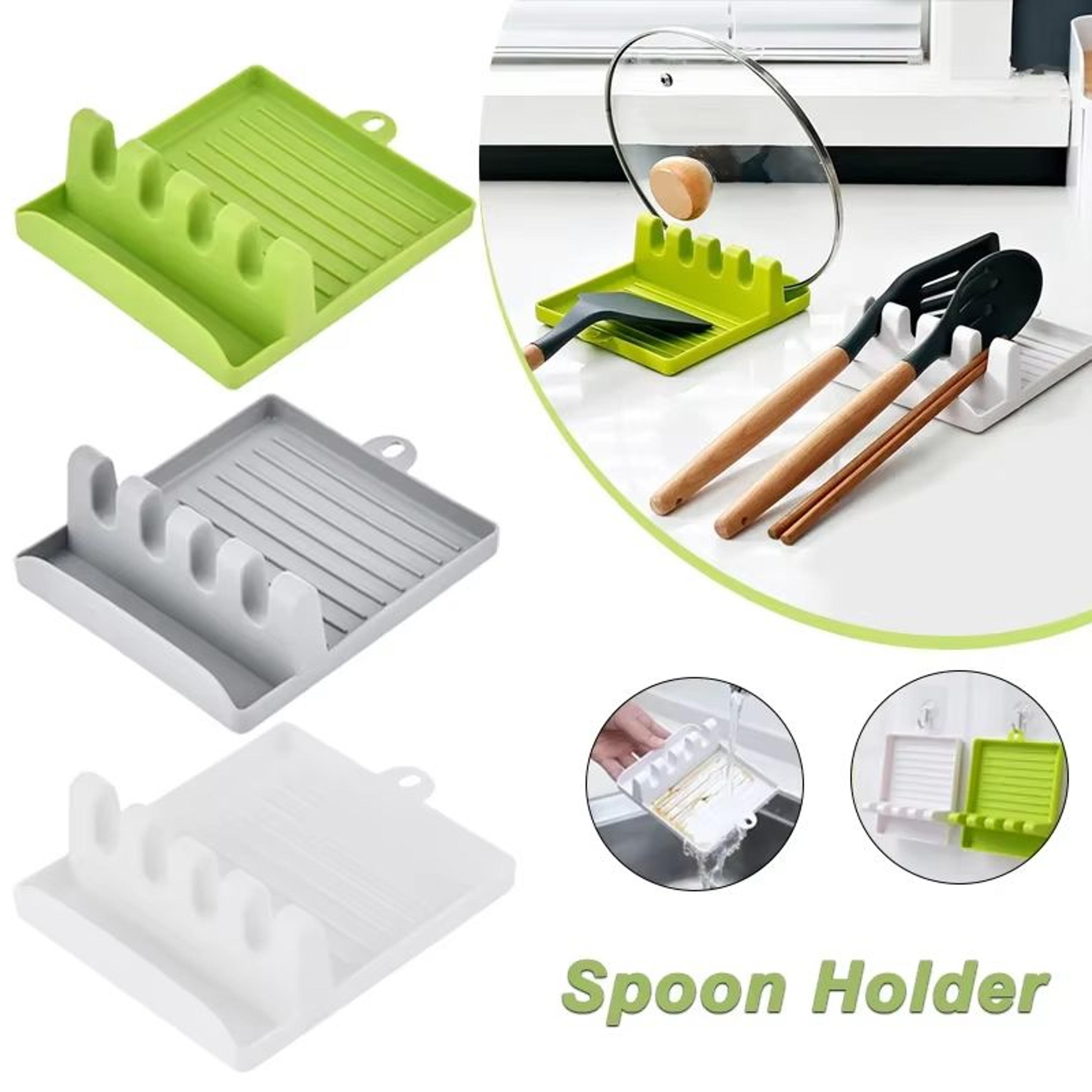 multi-function kitchen utensil organizer with spoon holder, fork and spatula rack, and non-slip lid rest