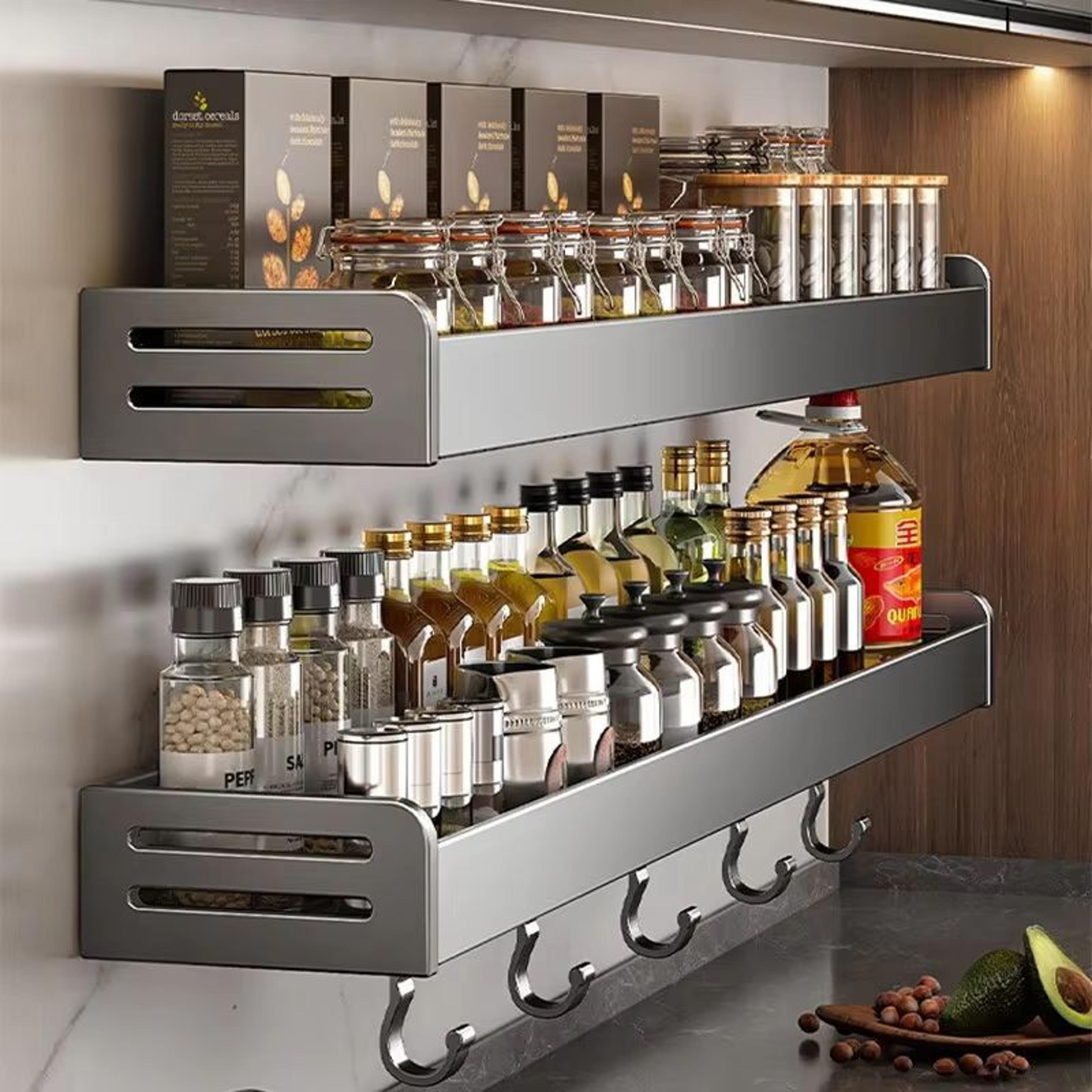wall-mounted kitchen storage rack with hooks and seasoning shelf organizer