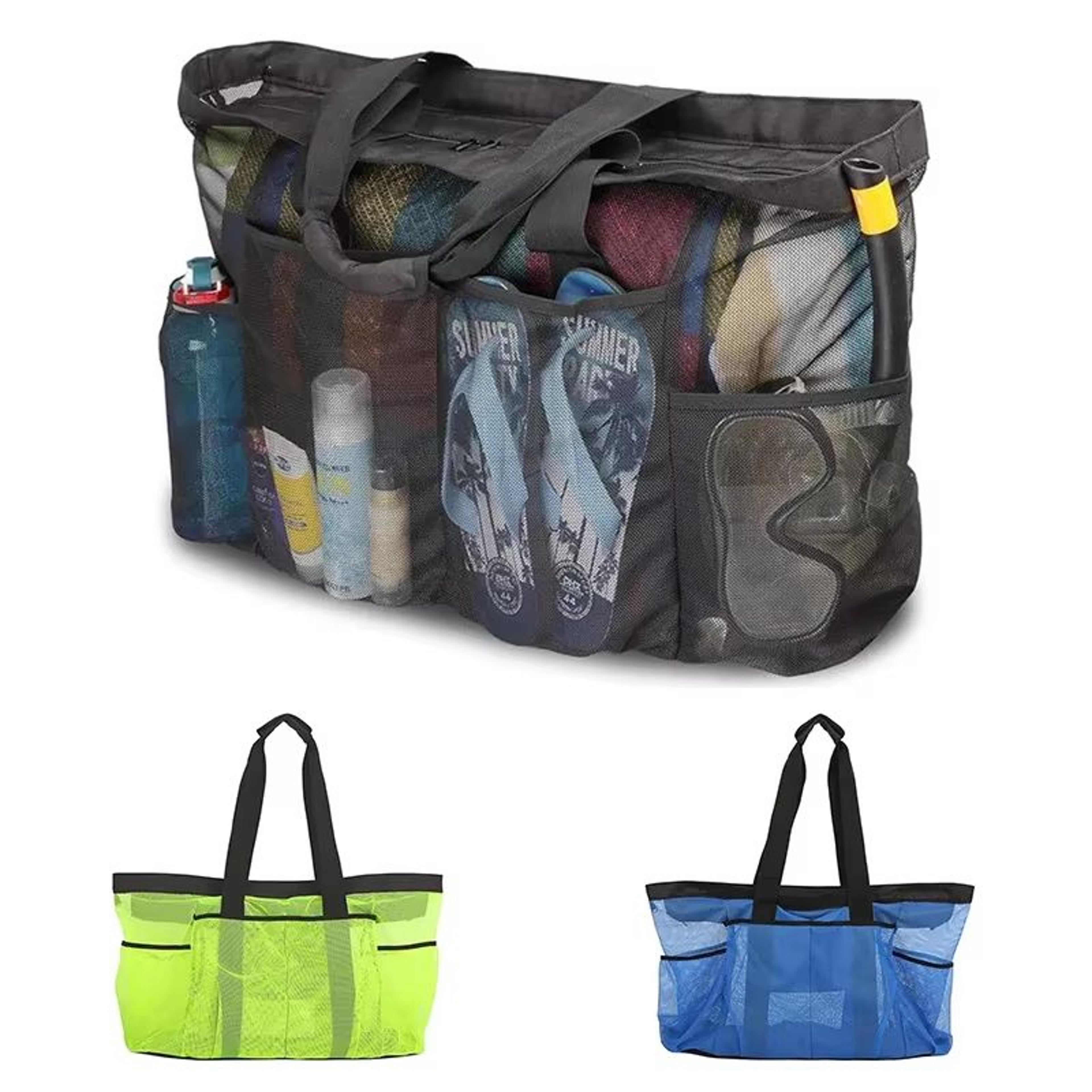 extra large foldable beach bag with mesh breathable panels and zippered side pockets