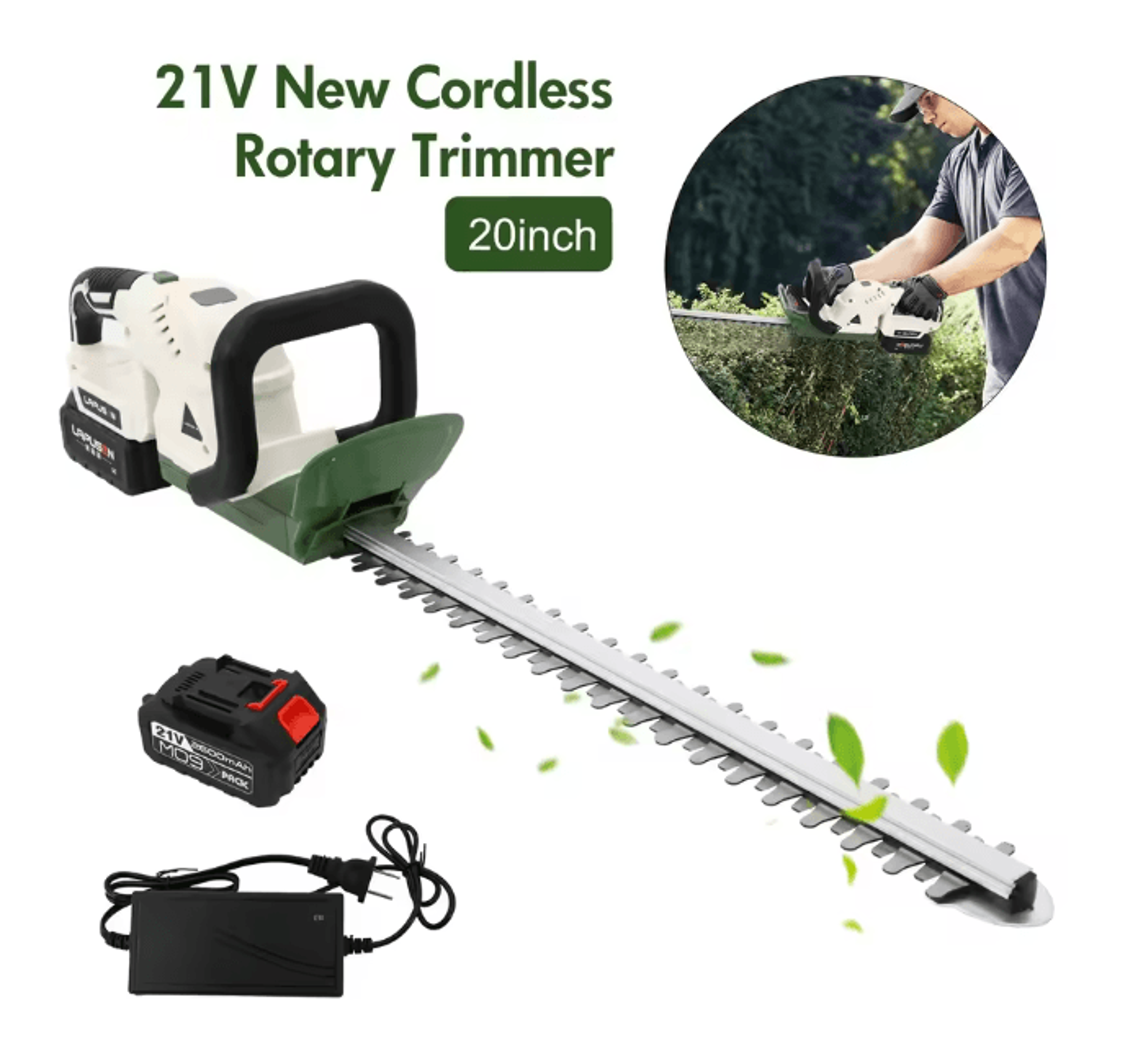 21v cordless rotary trimmer with 20-inch dual-action blade and 3.0ah battery with fast charger