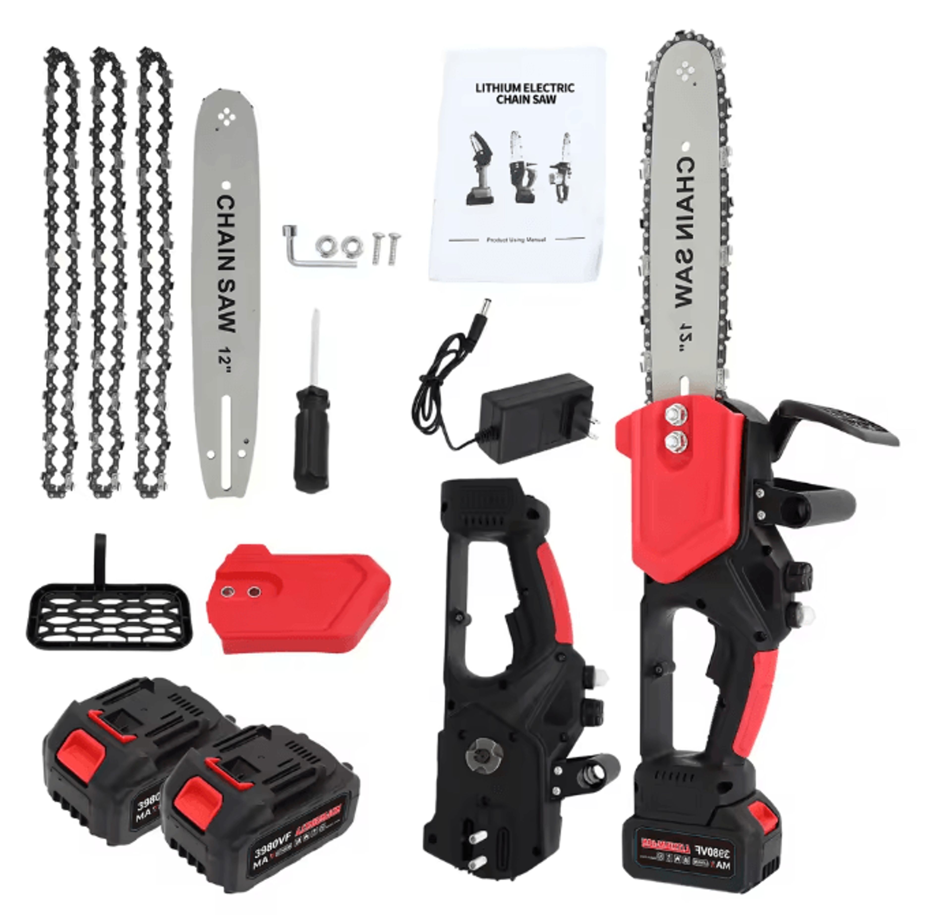 12-inch cordless handheld electric chainsaw with 21v brushless motor, dual 1.5ah batteries and fast charger
