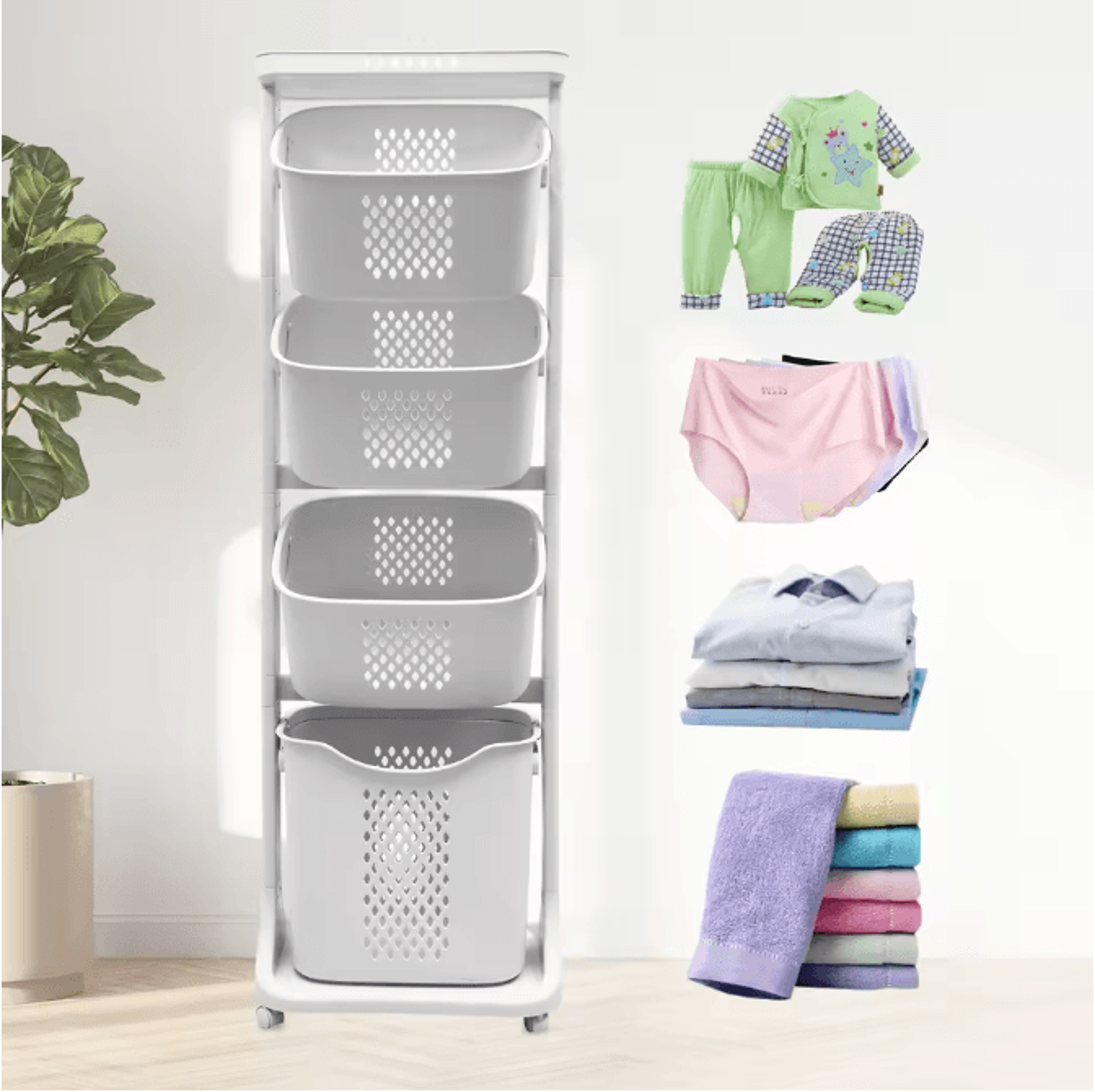 2/4-tier rolling laundry basket cart with removable storage buckets plastic hamper with 4 wheels