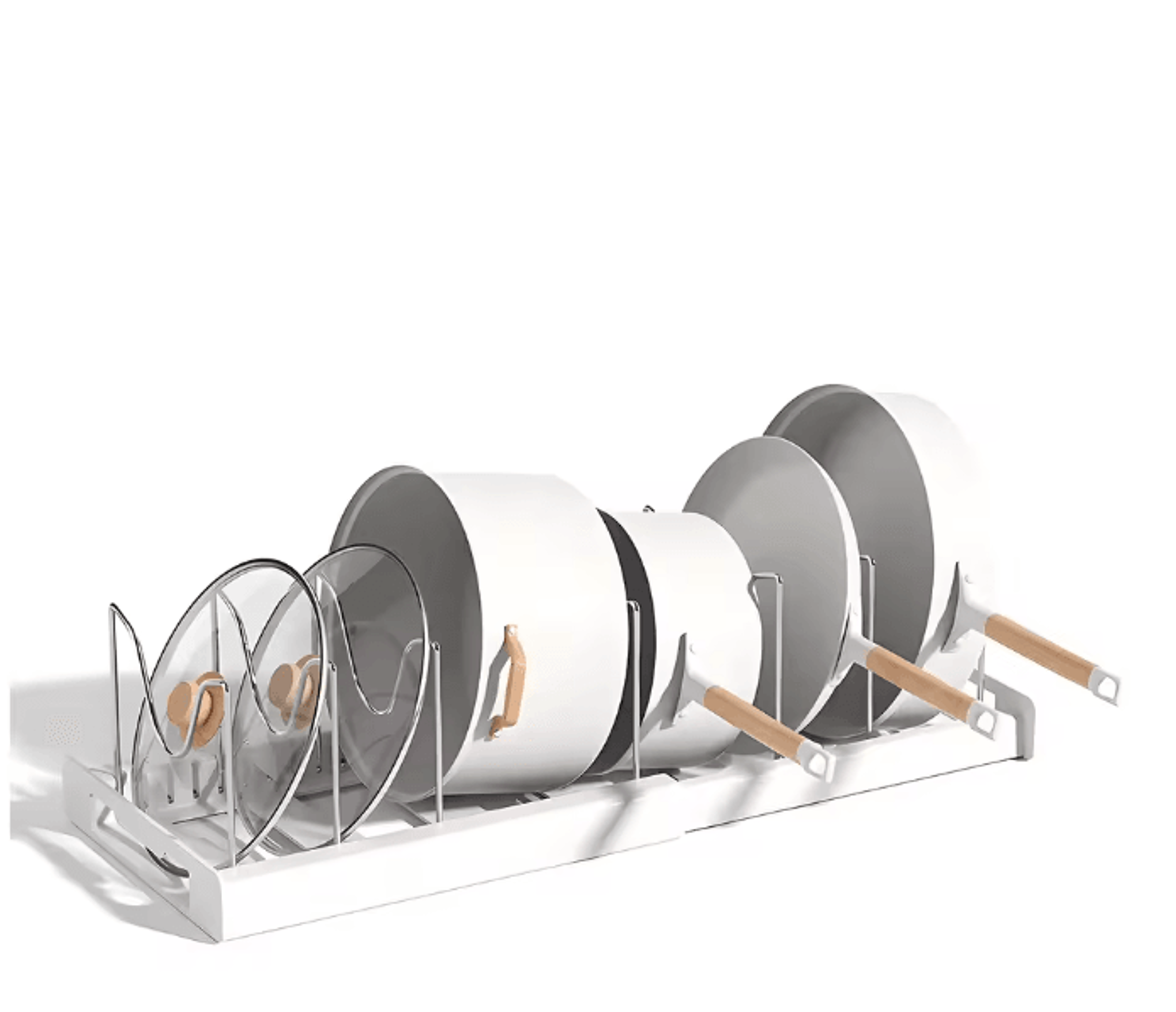 expandable utensil and cookware storage rack with 12 adjustable shelves for kitchen cabinets