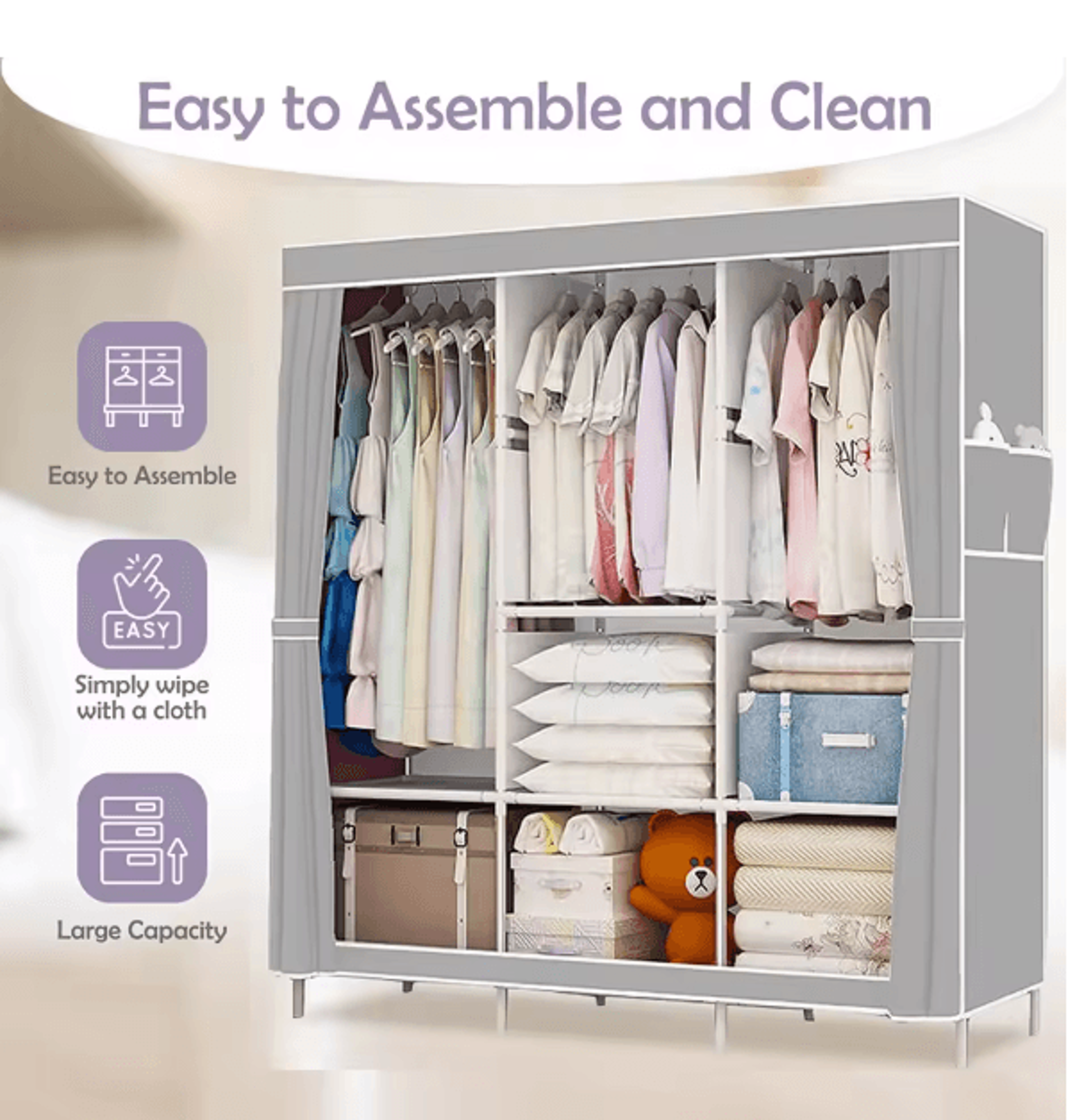 large capacity portable wardrobe closet storage organizer with dustproof non woven fabric cover and quick assembly frame