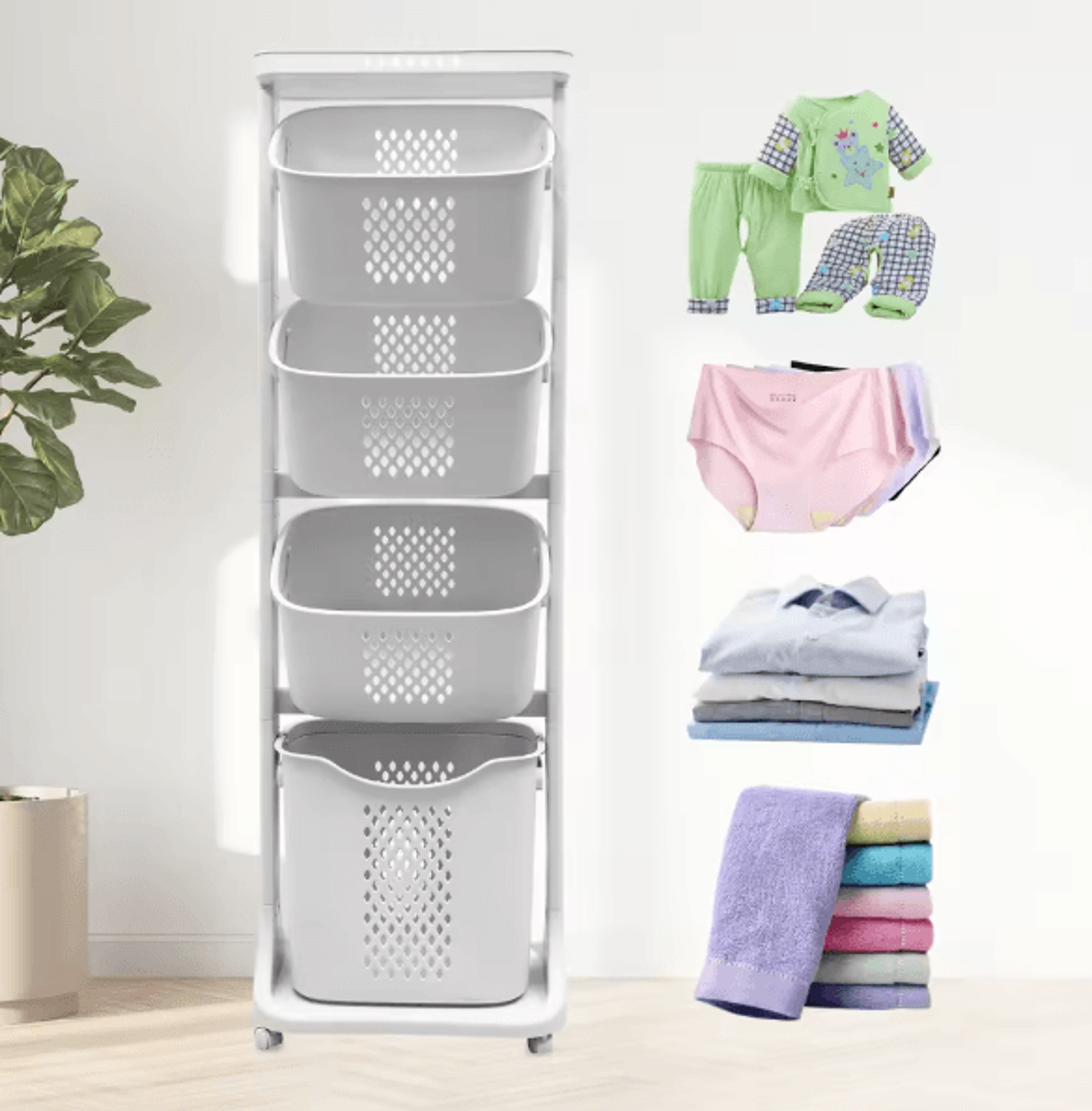 2 or 4 tier rolling laundry hamper cart with removable baskets and 360 wheels for easy sorting in white