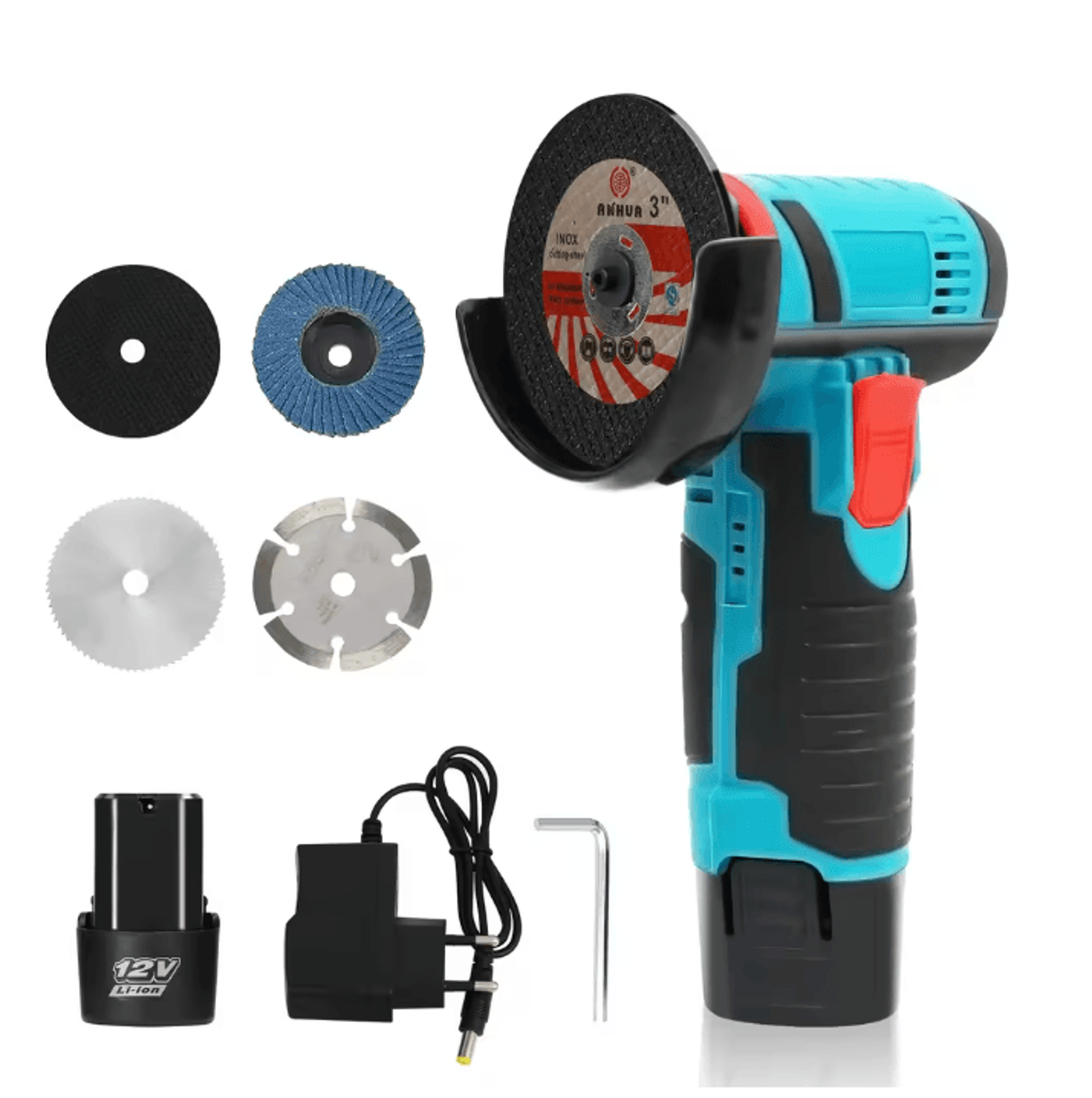 premium cordless brushless angle grinder and car polisher kit 12v 16800 rpm with dual 2.0 ah batteries and 5 discs