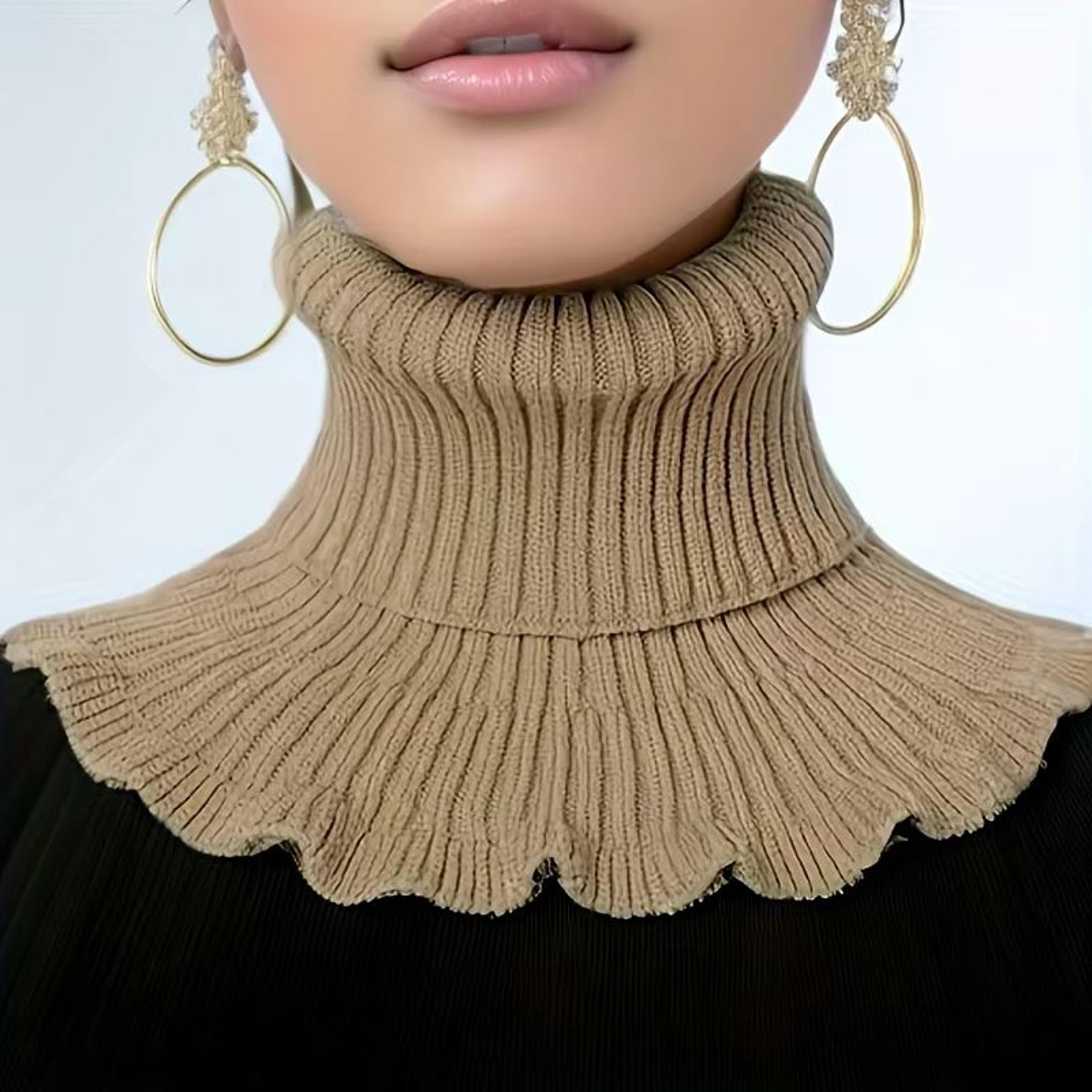 black and white knitted neck scarf for women – soft thick warm false turtleneck with elegant ruffle edge