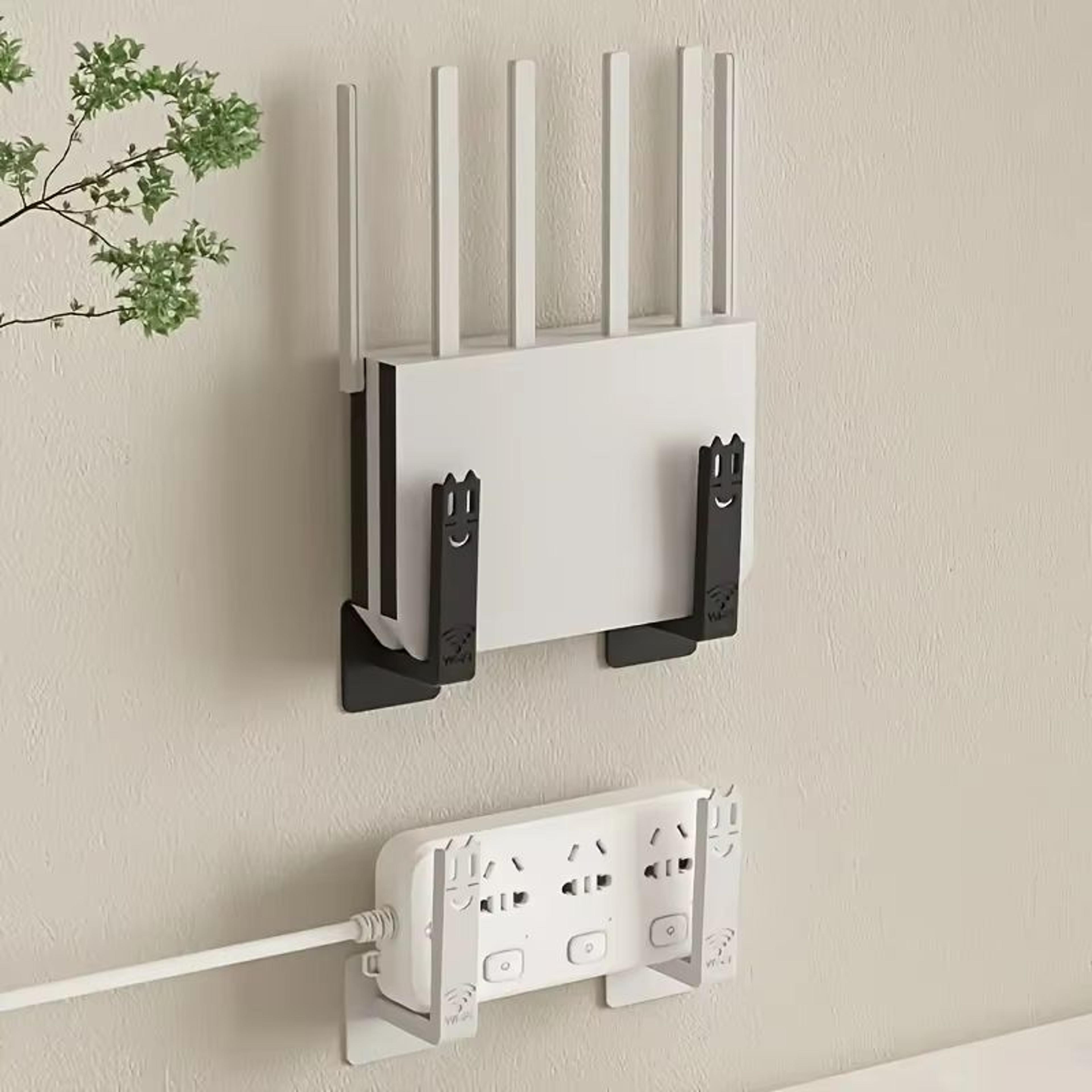 2pcs no drill router shelf wall mounted set top box holder with hooks, ventilated metal organizer rack