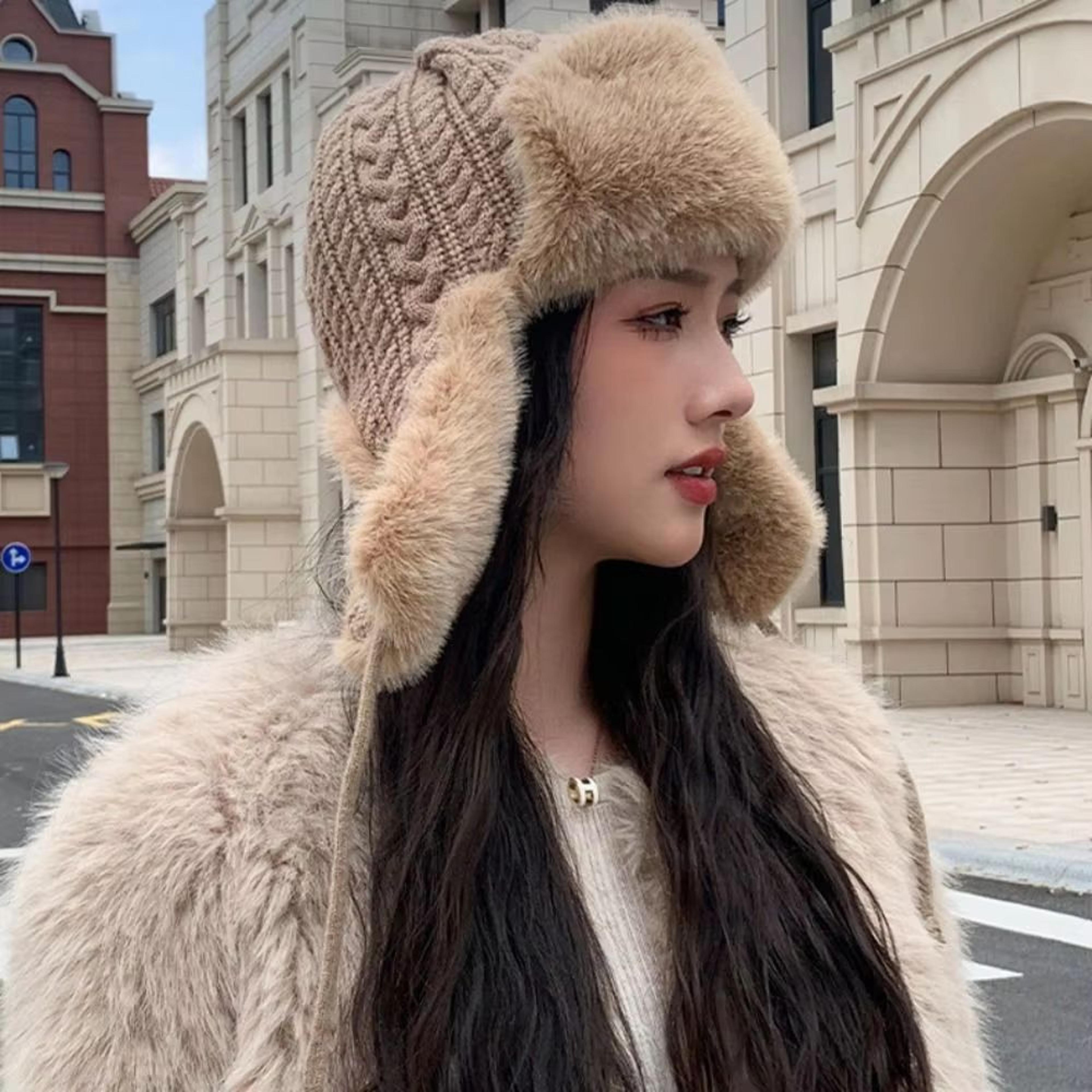 knitted extended ear protection winter lei feng hat for women