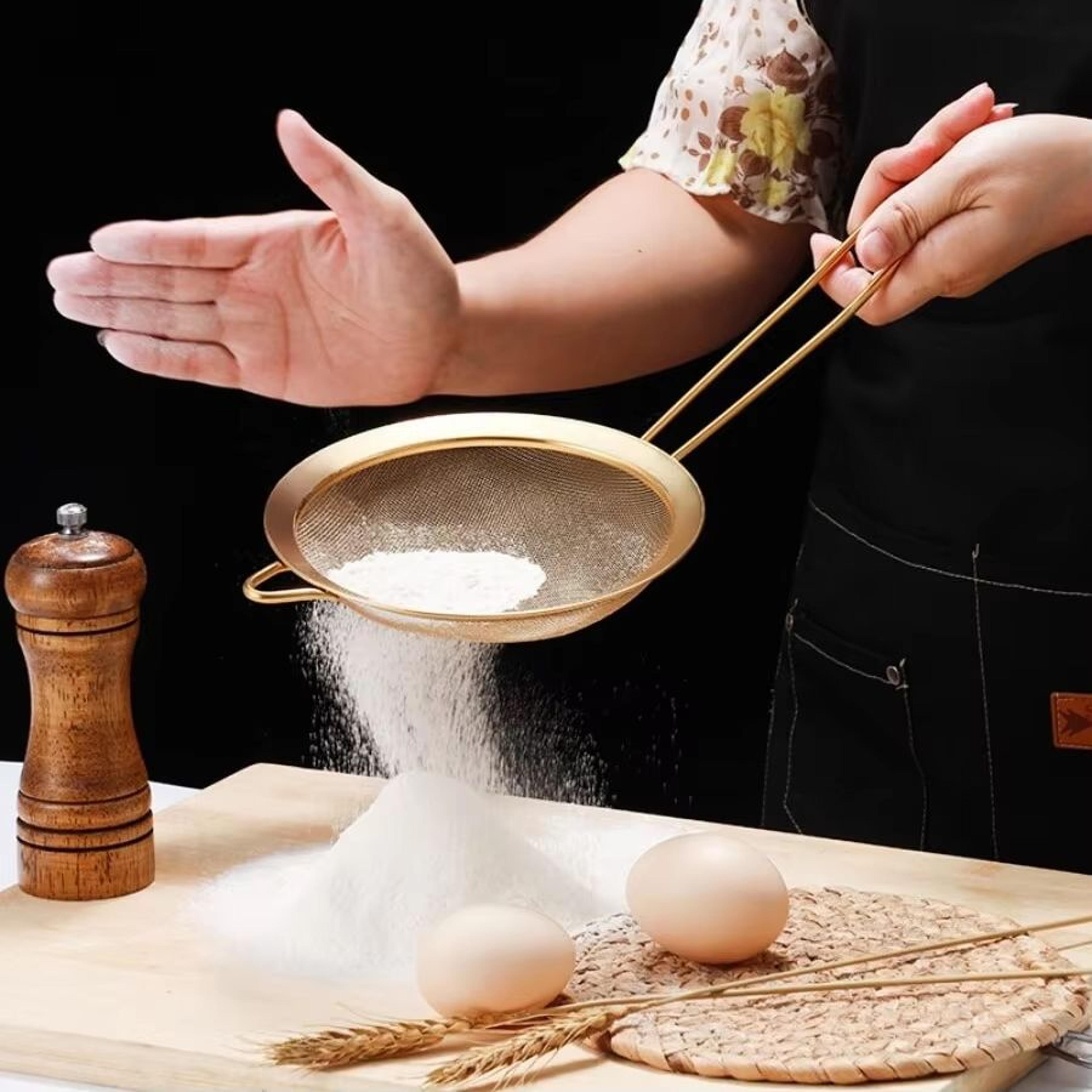 gold stainless steel strainer 7.5in kitchen colander sieve with hook for flour, juice, soybean milk & rice