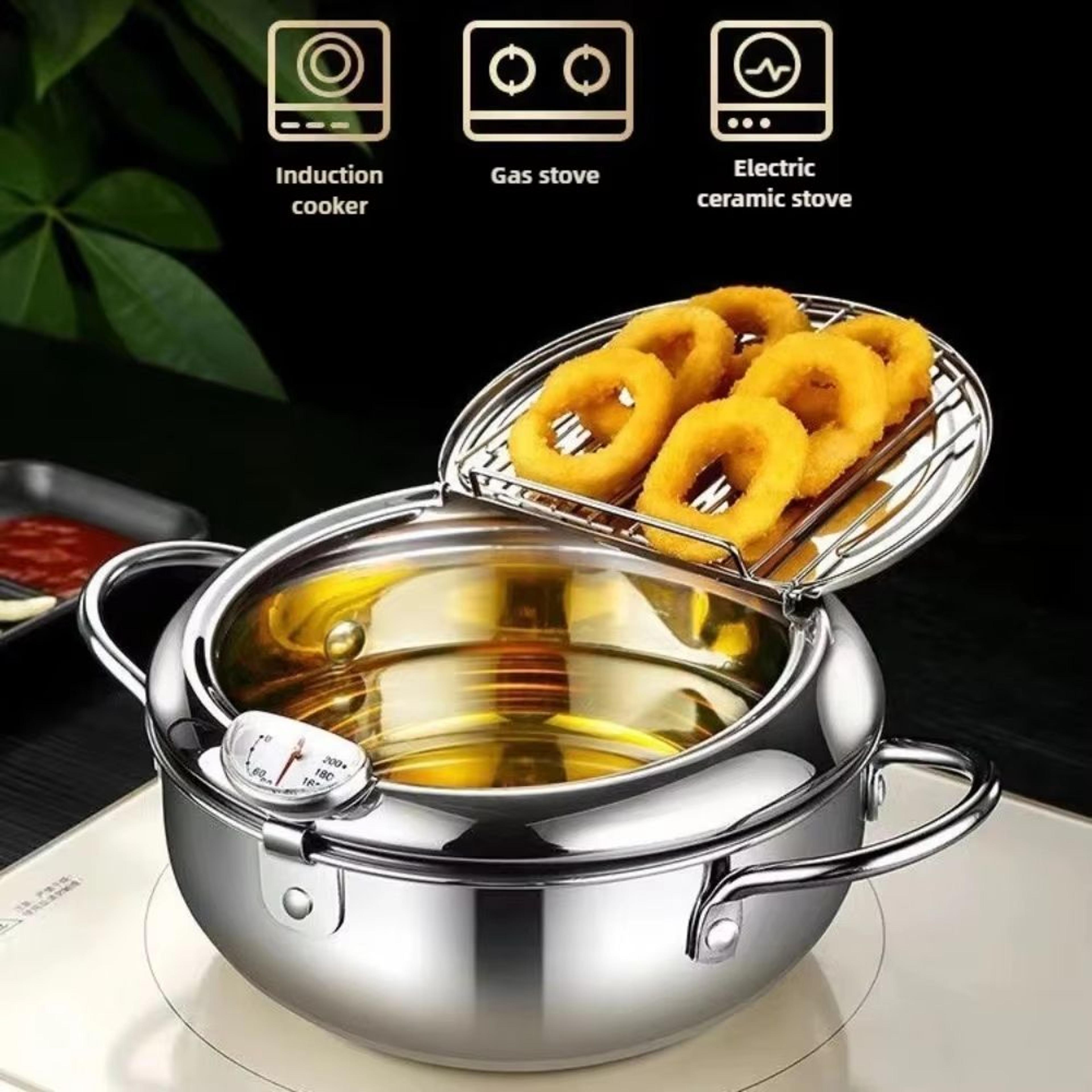 stainless steel deep fryer pot with thermometer and oil drip drainer rack, induction and gas ready tempura frying pot