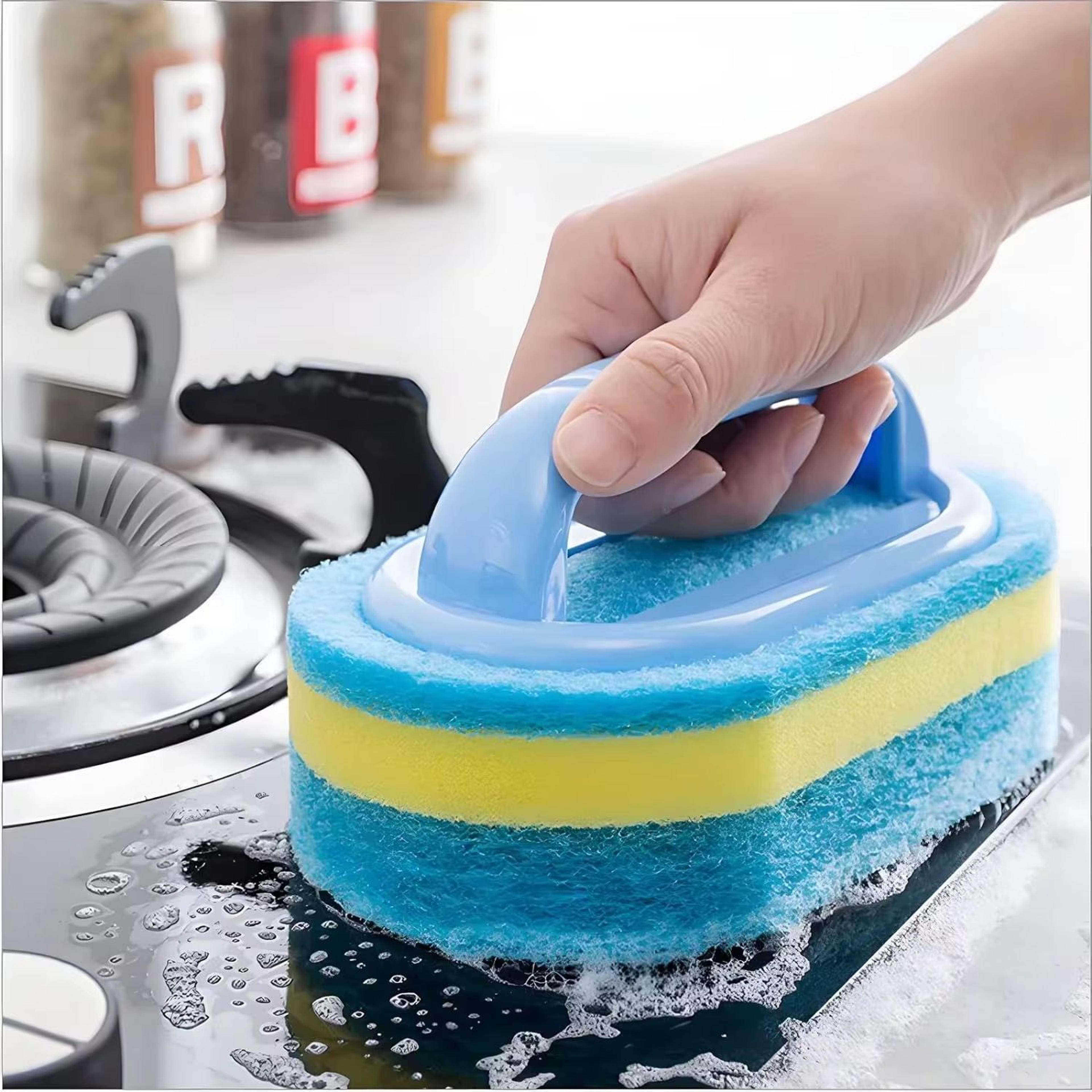 household cleaning brush with handle – thick scrubbing sponge for kitchen, bathroom, and home cleaning