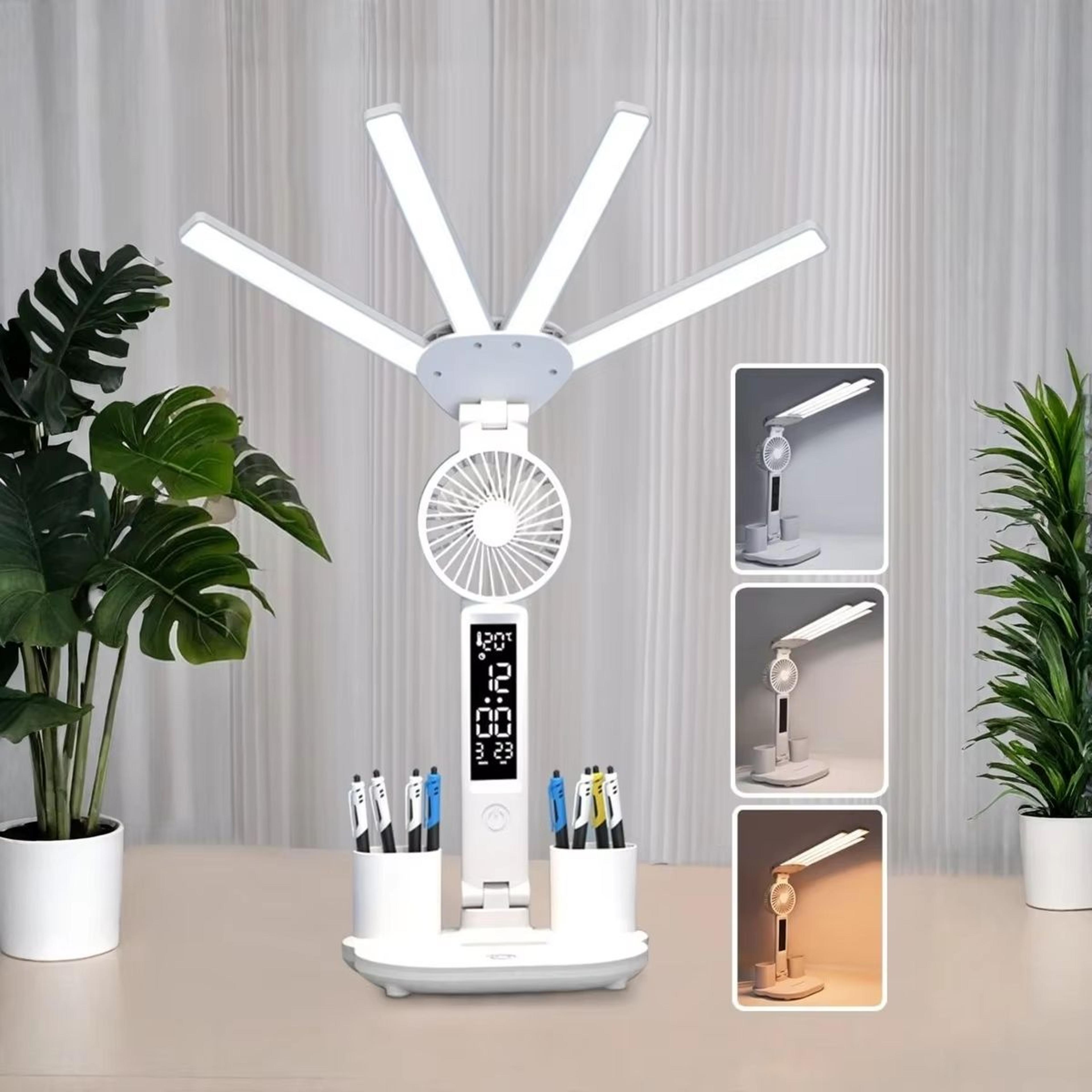 multifunction usb charging 3-color led desk lamp with fan and clock