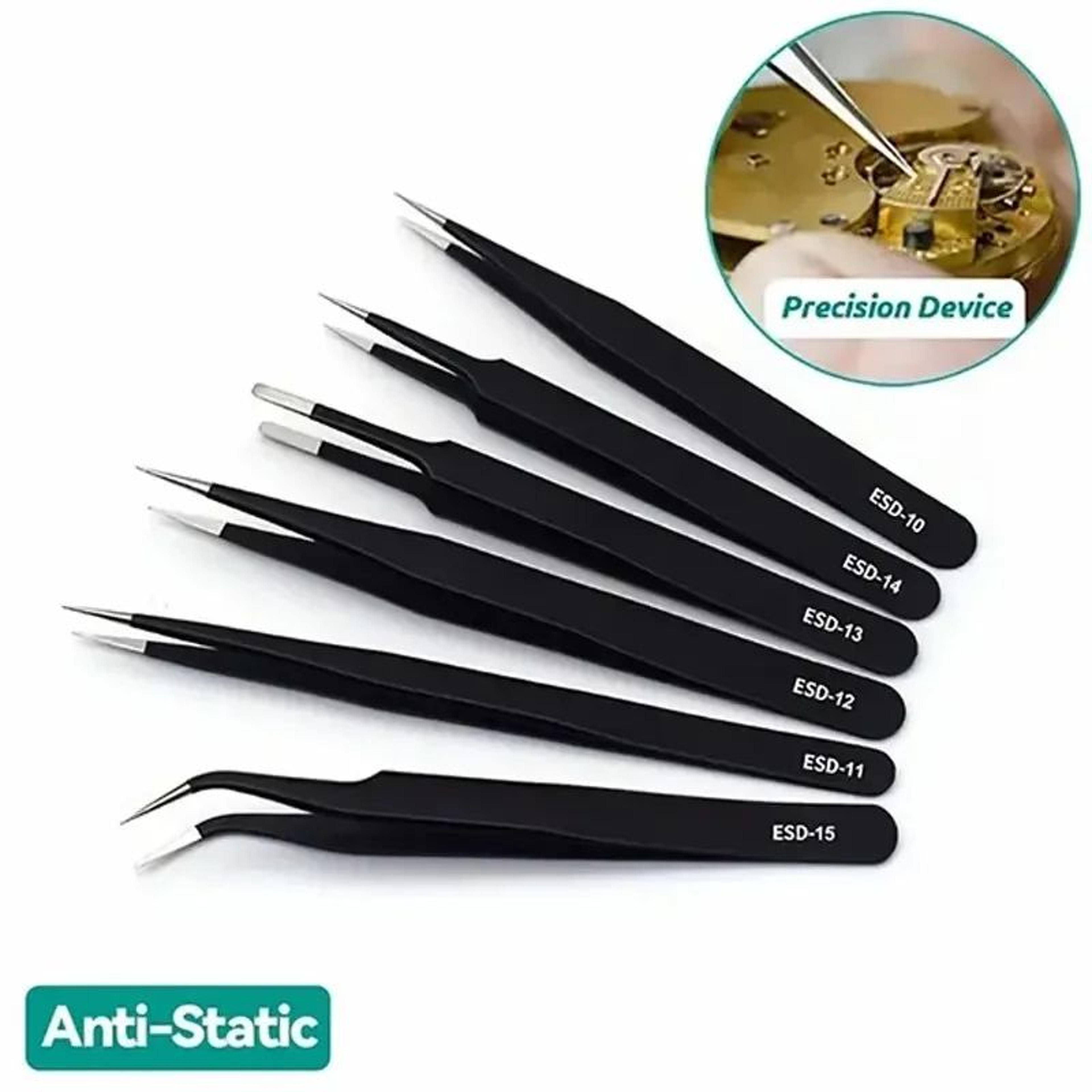 6 pcs precision long esd stainless steel tweezers set for electronics and repair