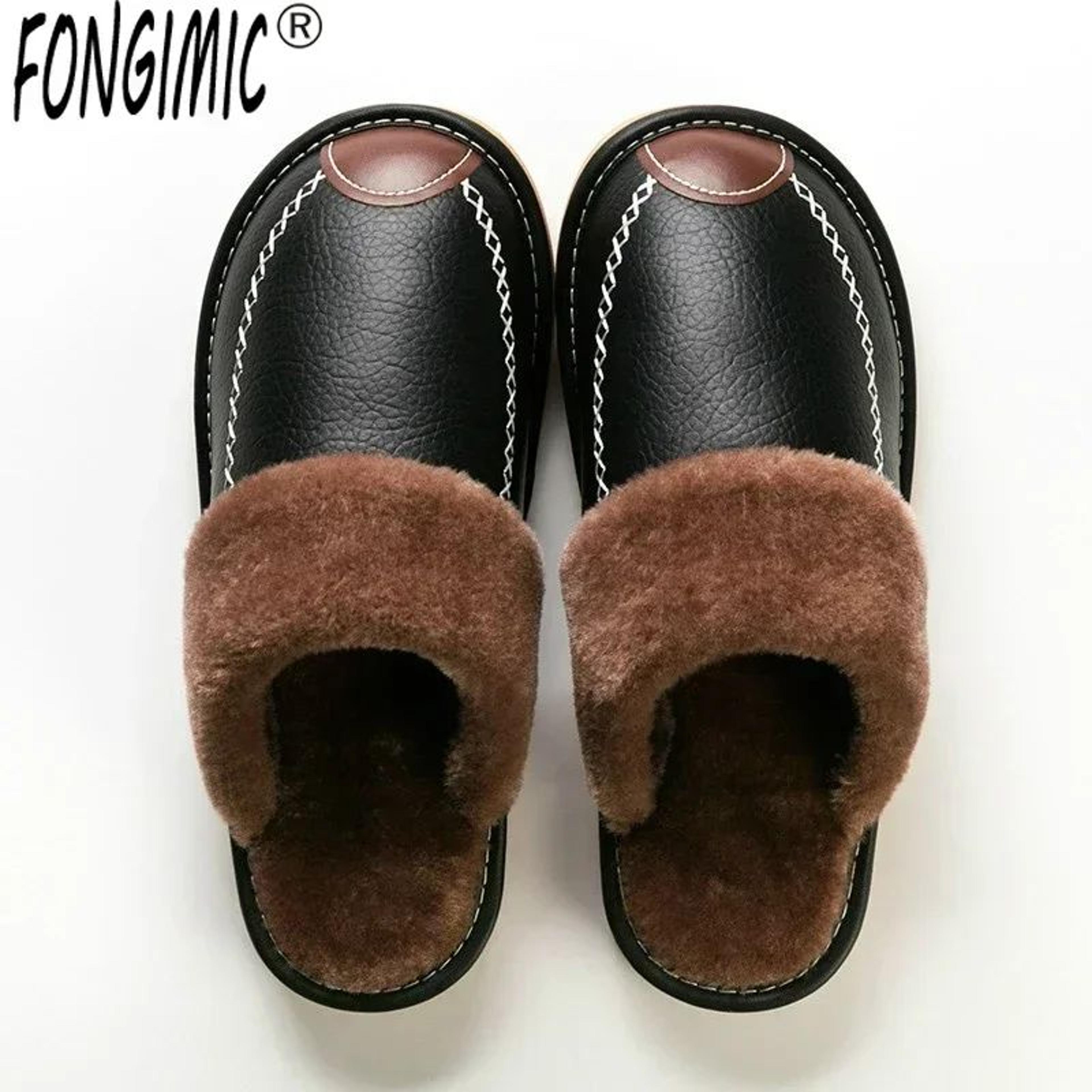 men's waterproof winter leather indoor warm slippers shoes