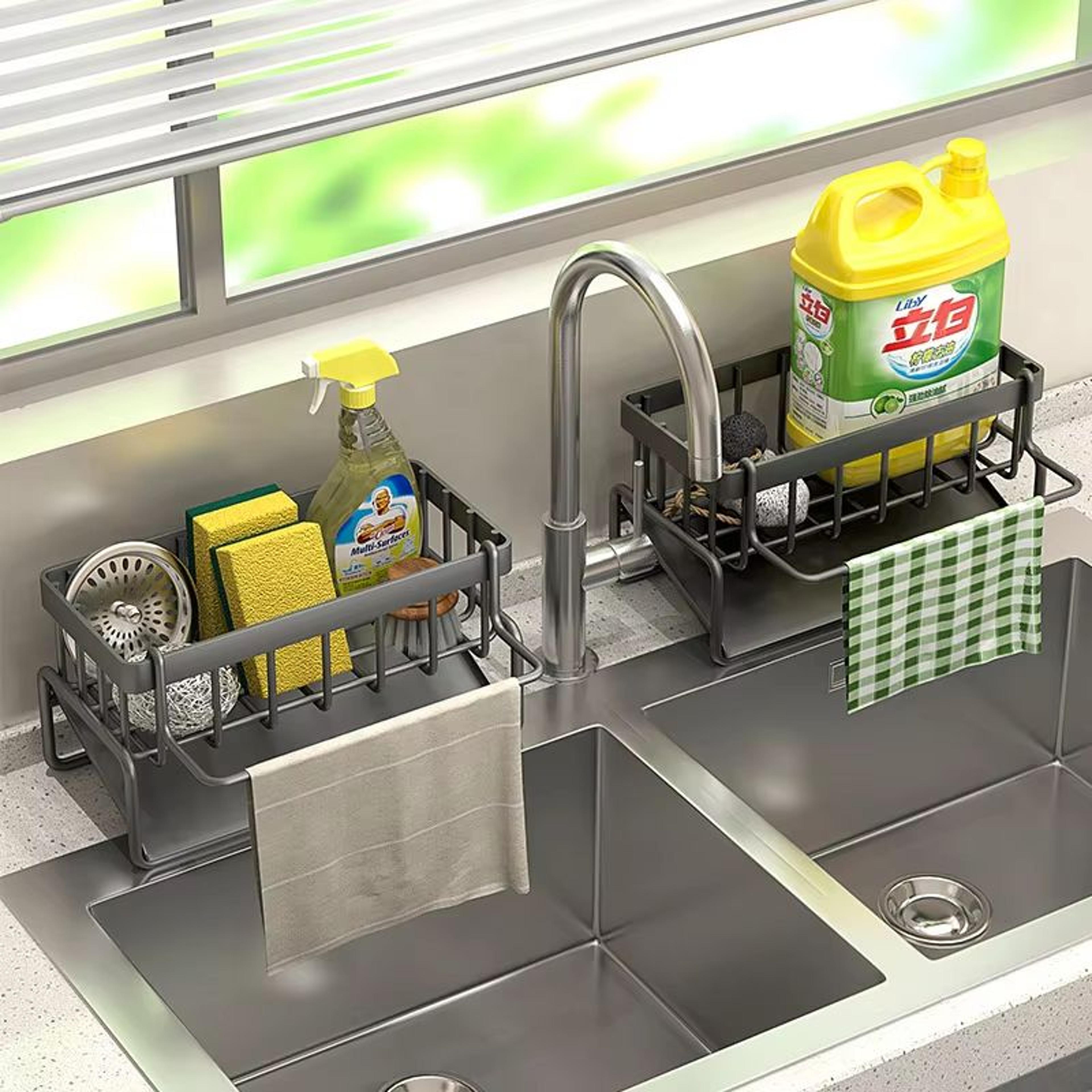 stainless steel sink drain rack with sponge storage faucet soap & towel organizer