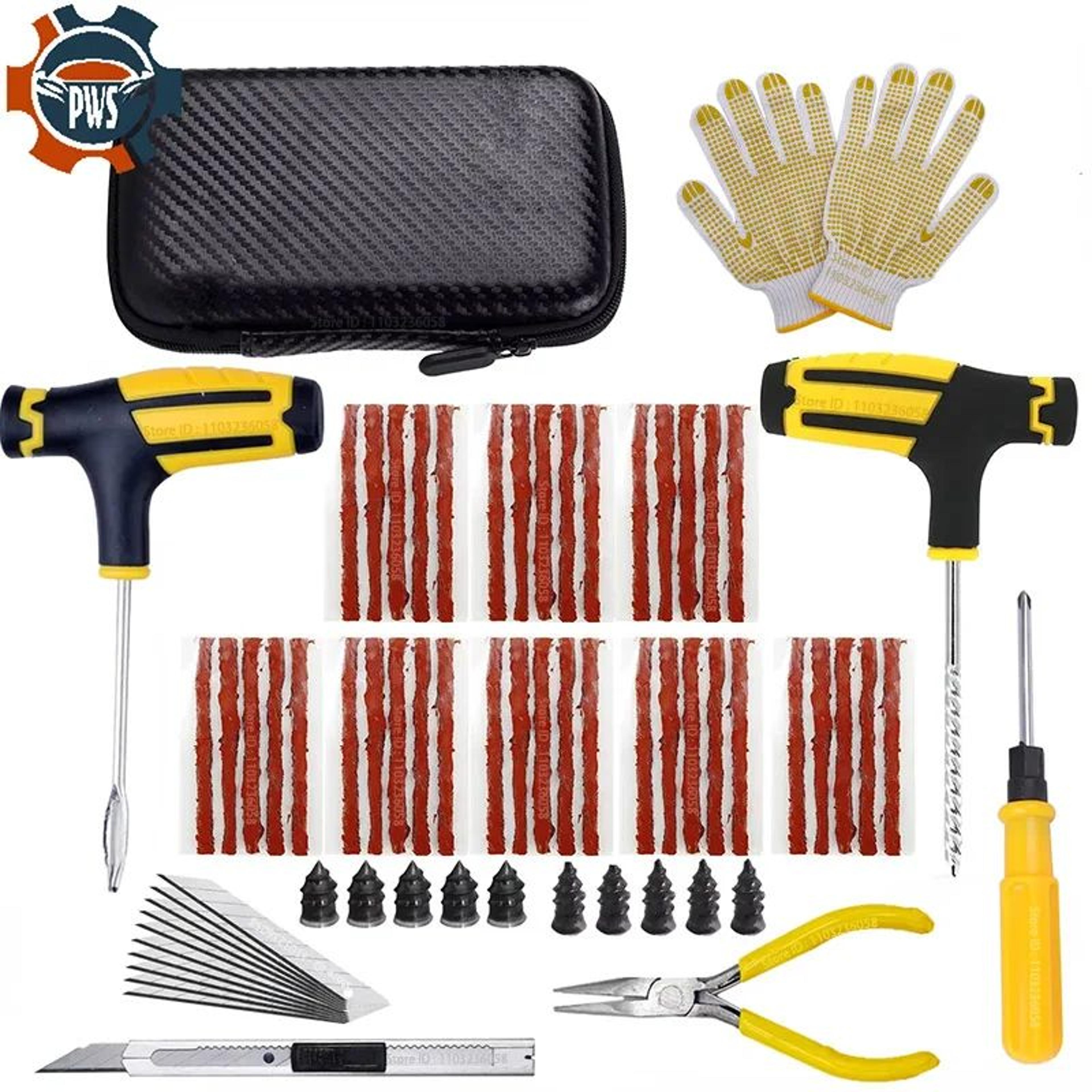 car & bike tire repair tool kit with studding tools, plug needles, pliers, and eva case