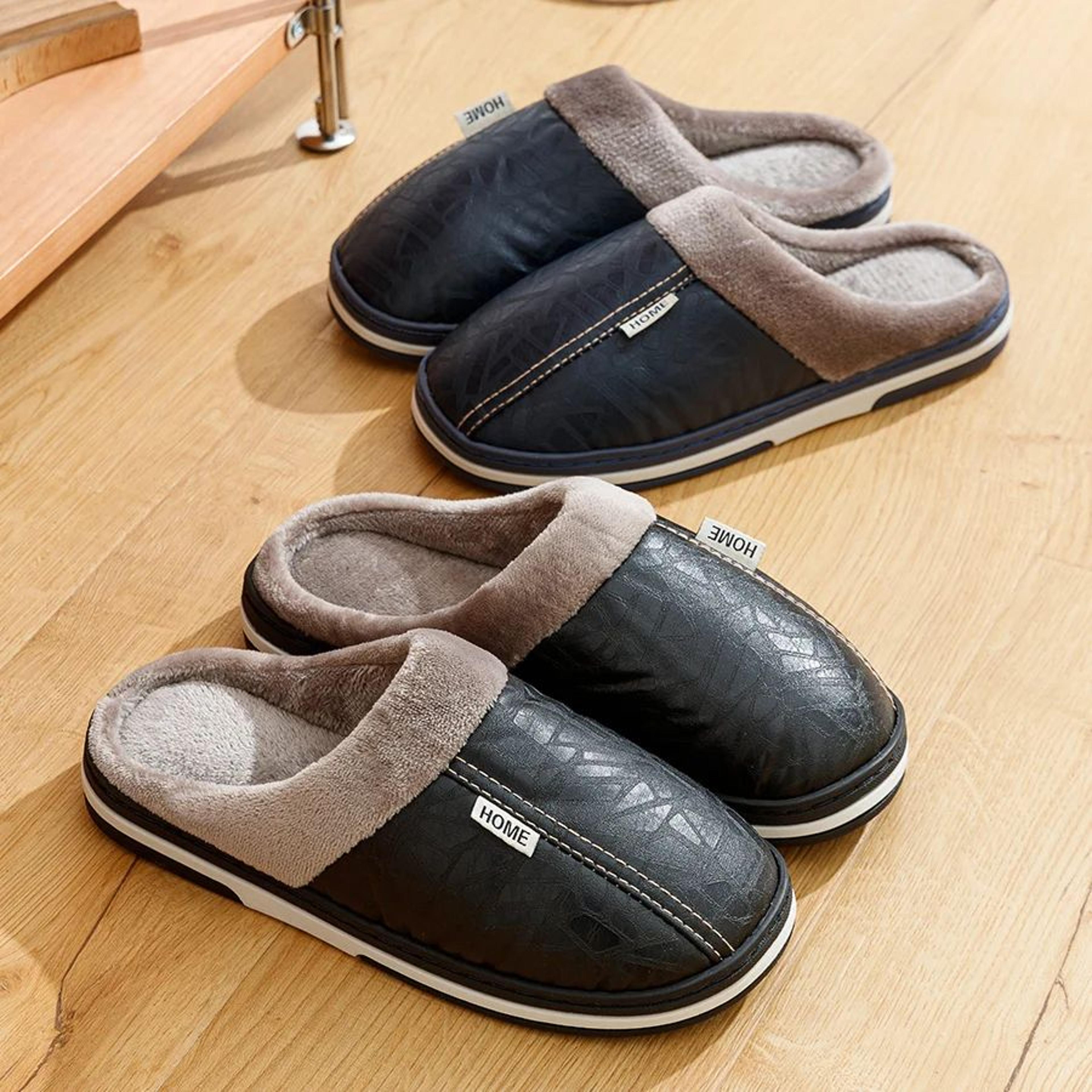 big size men's waterproof winter slippers pu leather fur-lined home shoes