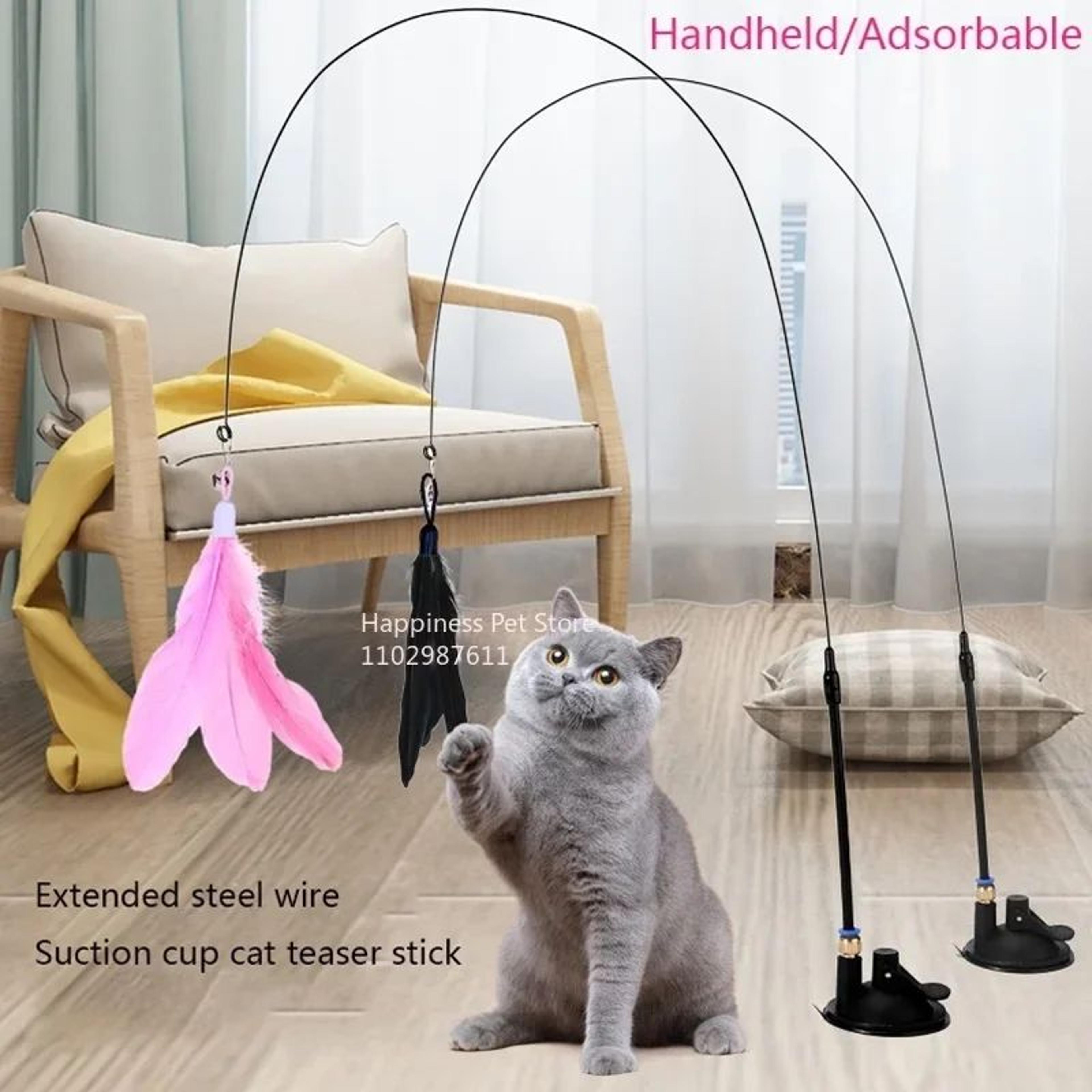 cat teaser toy with bell and suction cup extended rod replaceable feather head