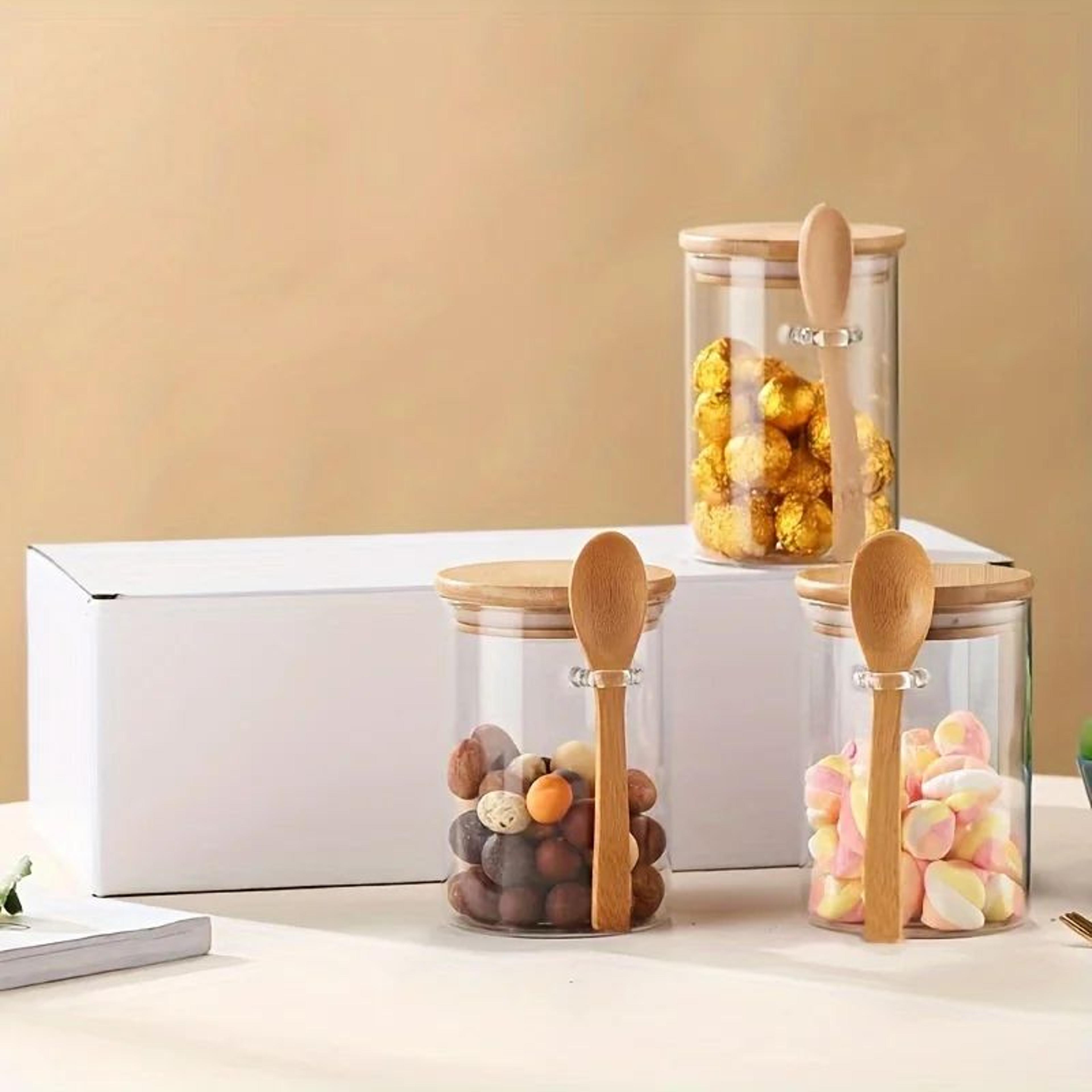 10 oz (280 ml) glass storage jar with sealed bamboo lid and spoon for candy, biscuits and bulk food