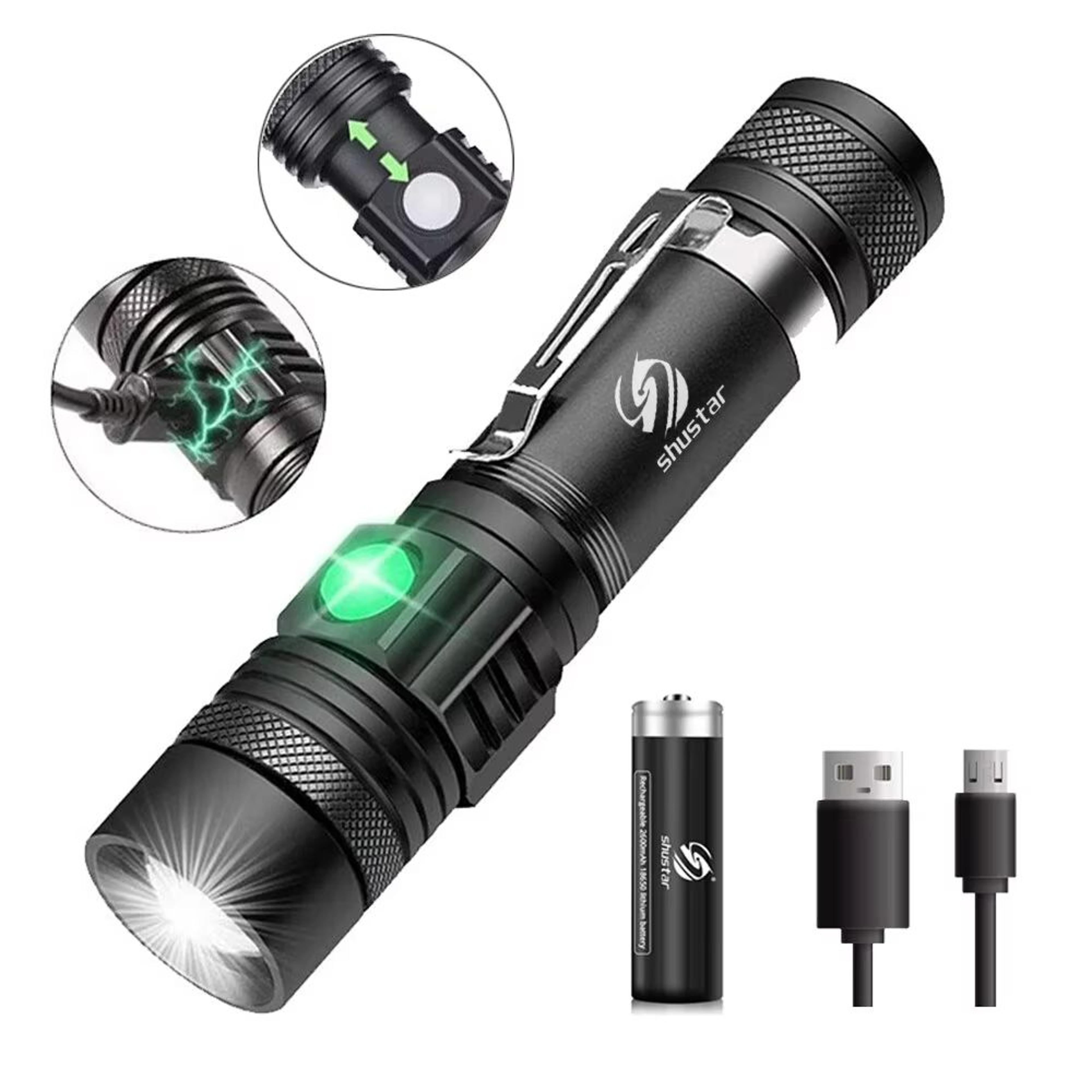high-power zoomable led flashlight with usb rechargeable battery and 4 lighting modes
