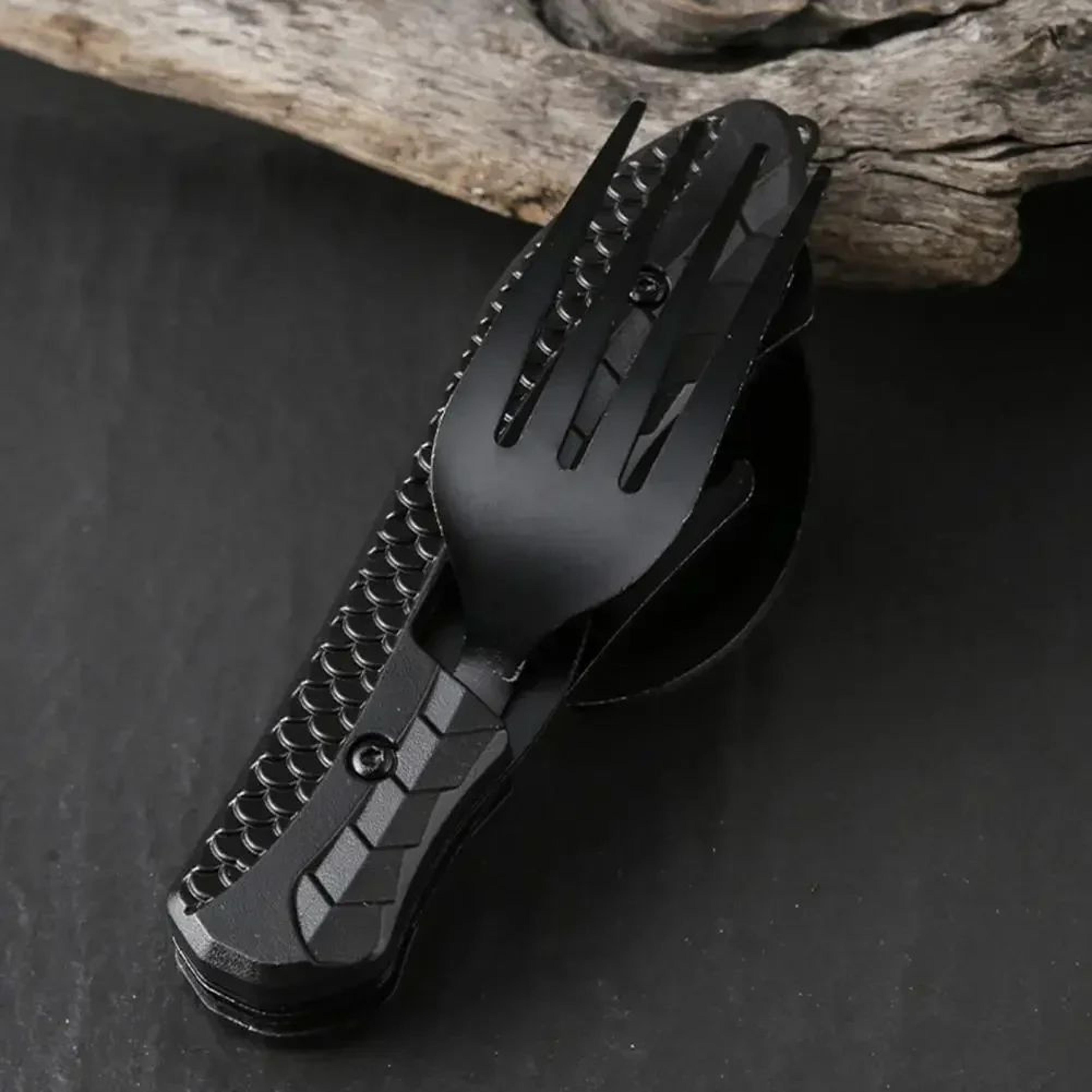 three-in-one camping multi-tool folding knife spoon fork with bottle opener