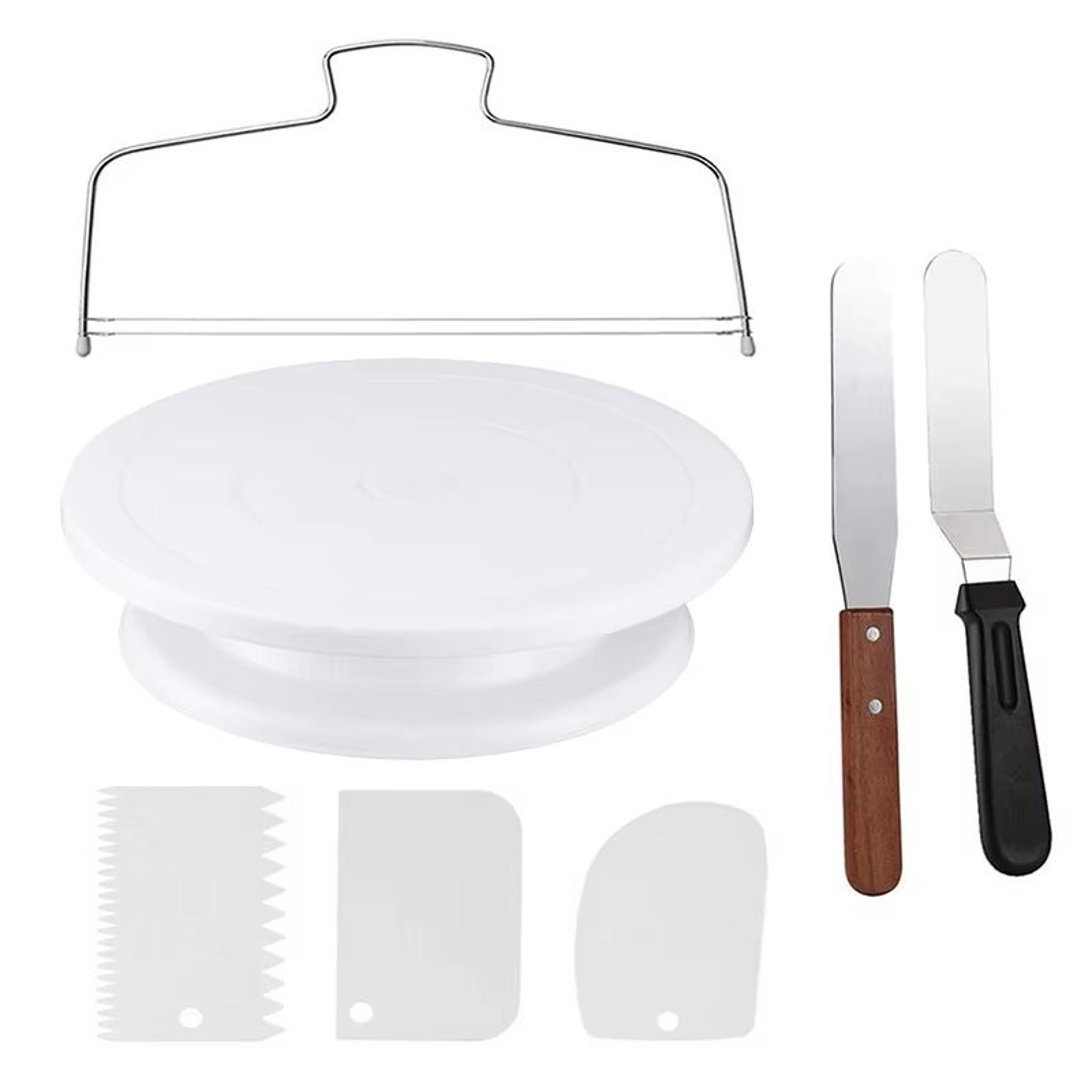 7-piece cake decorating tools kit with rotating turntable and icing tools